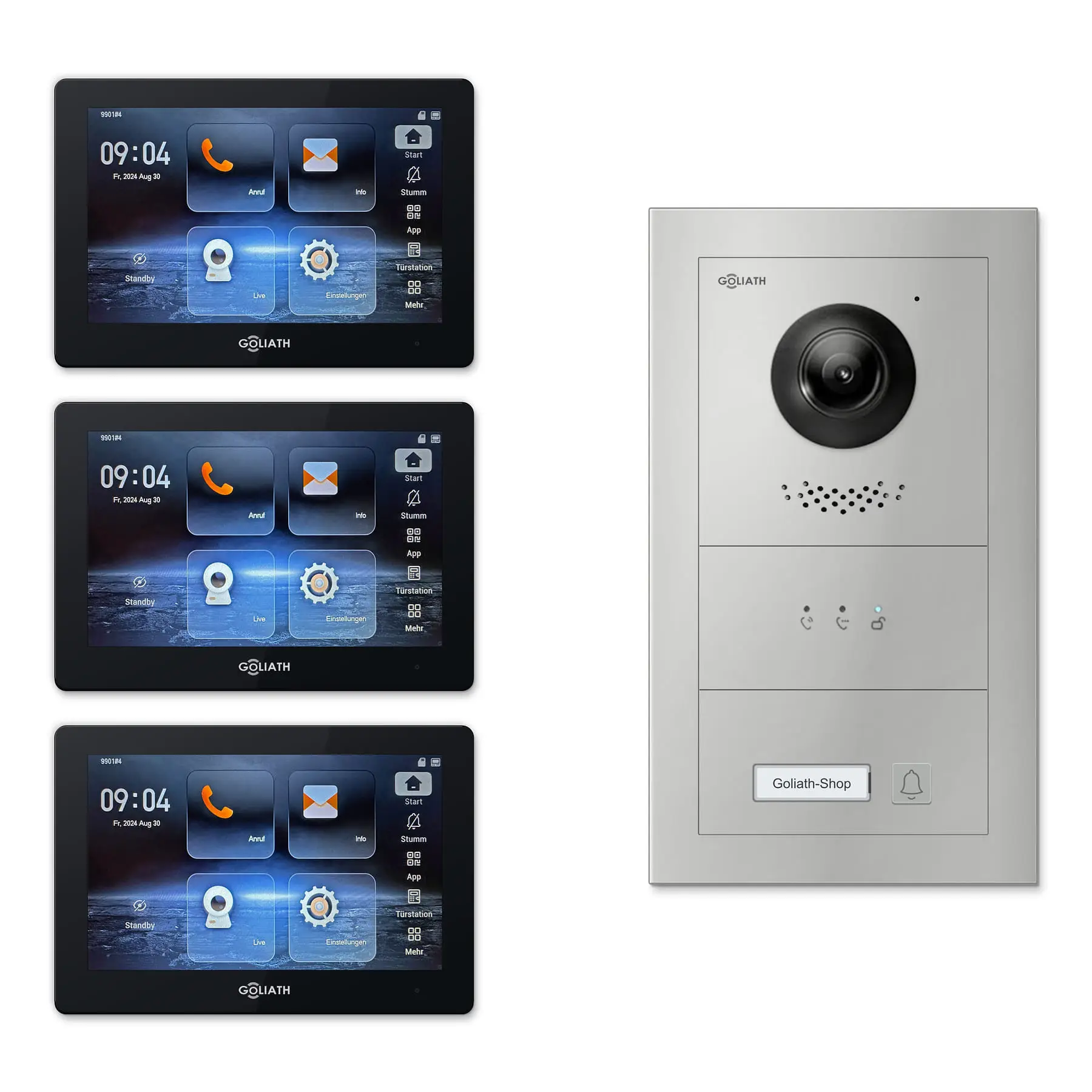 Goliath Türsprechanlage mit Kamera GL-HB102.2 für 1-Familienhaus: 3 Monitore mit 7 Zoll in Schwarz, Außenstation in Silber mit 1 Klingeltaste sowie Statusanzeige. Set für Unterputzmontage.