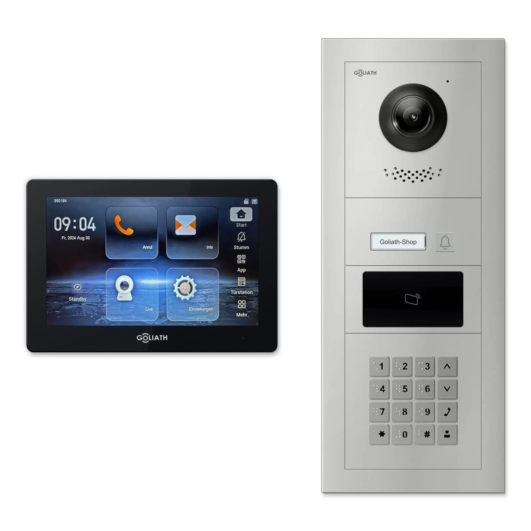Goliath Türsprechanlage mit Kamera GL-HB150.3 für 1-Familienhaus: 1 Monitor mit 7 Zoll in Schwarz, Außenstation in Silber mit 1 Klingeltaste sowie RFID, Zahlencode. Set für Aufputzmontage.