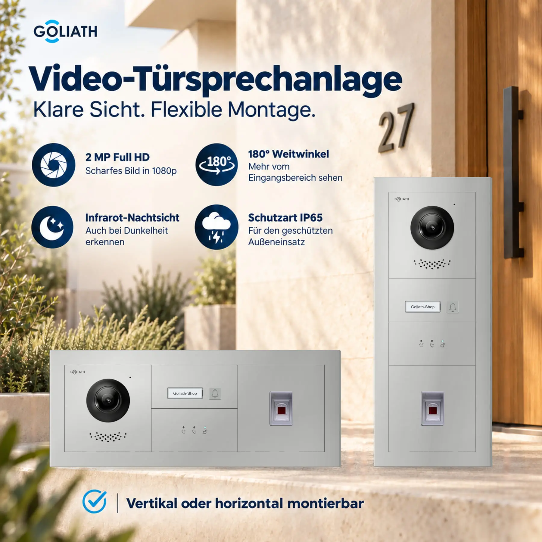 Goliath Premium-Line-Außenstation in Silber mit Kamera, 1 Klingeltaste, Fingerprint-Modul und Feedback-Anzeige. Senkrechte und waagerechte Anordnung auf Naturstein.