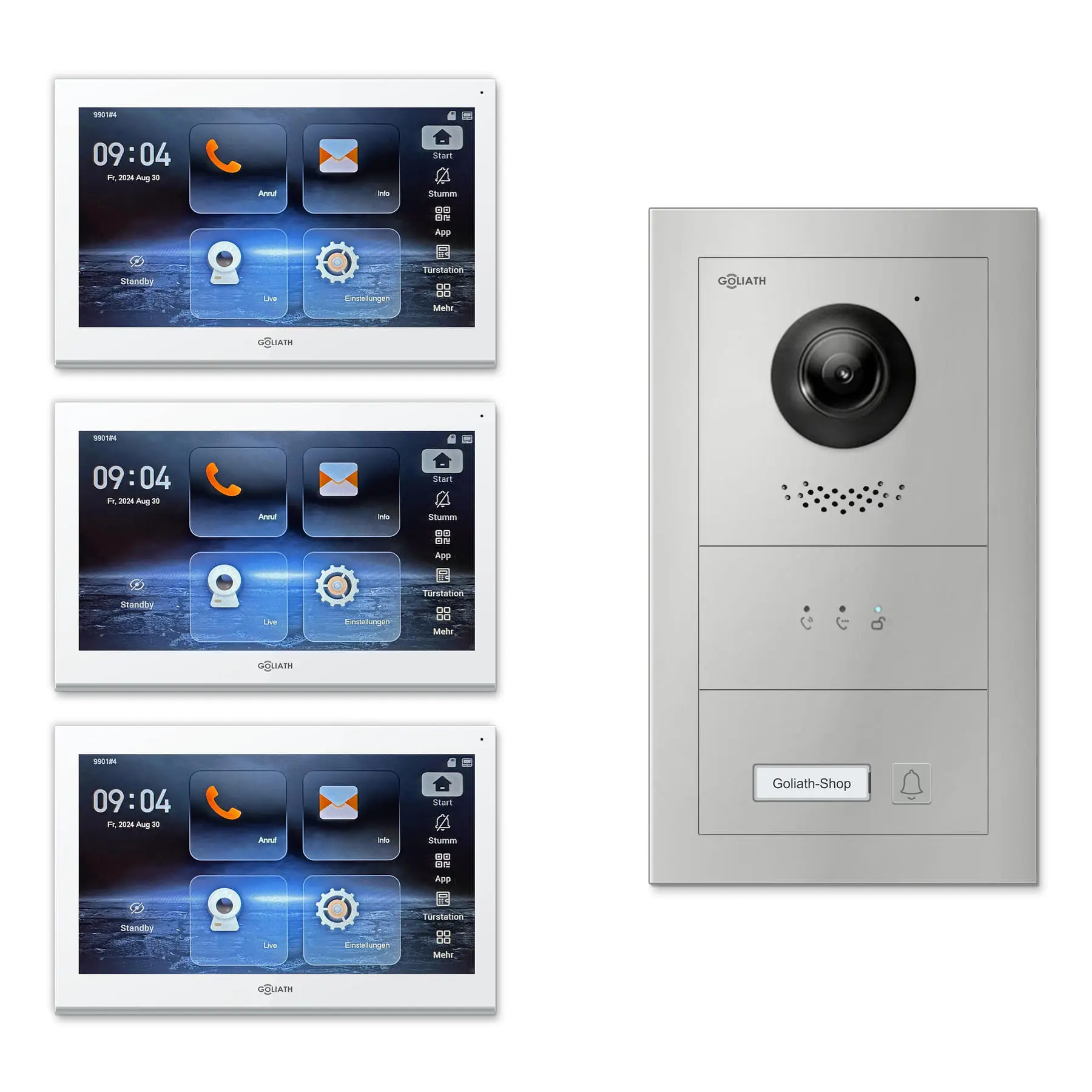 Goliath Video Türsprechanlage GL-IPH102 für 1-Familienhaus: 3 Monitore mit 10 Zoll in Weiß, Außenstation in Silber mit 1 Klingeltaste sowie Statusanzeige. Set für Unterputzmontage.