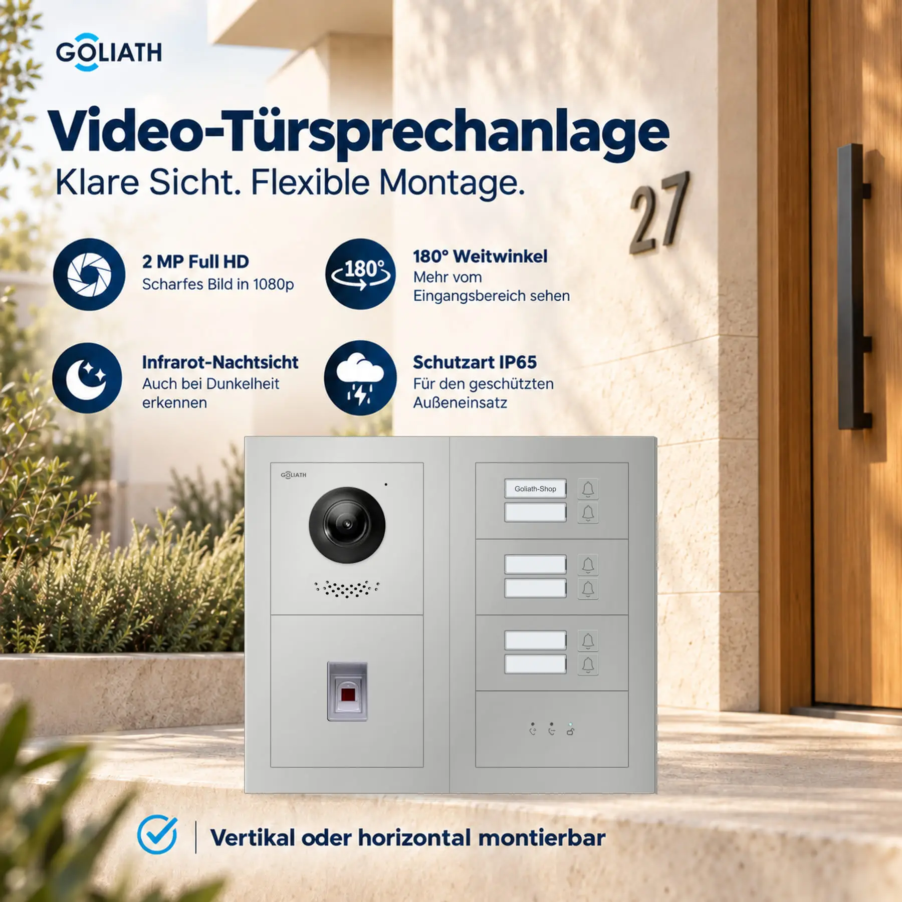 Goliath Premium-Line-Außenstation in Silber mit Kamera, 6 Klingeltasten, Fingerprint-Modul und Feedback-Anzeige. Zwei aufrechte Modulspalten nebeneinander auf Naturstein.