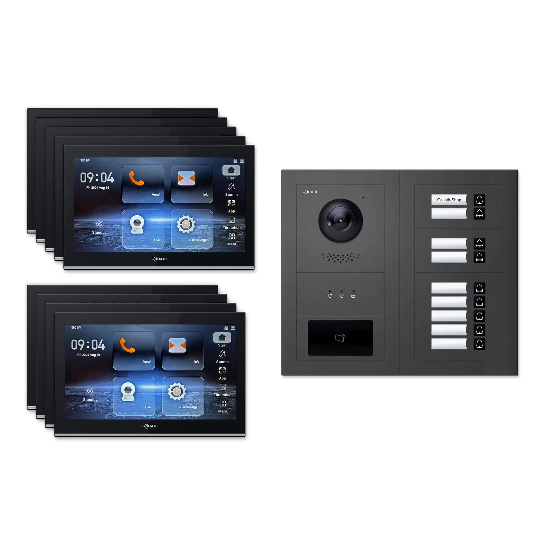 Goliath Video Türsprechanlage GL-IPH910A.3 für 9-Familienhaus: 9 Monitore mit 10 Zoll in Schwarz, Außenstation in Anthrazit mit 9 Klingeltasten sowie Statusanzeige, RFID. Set für Aufputzmontage.