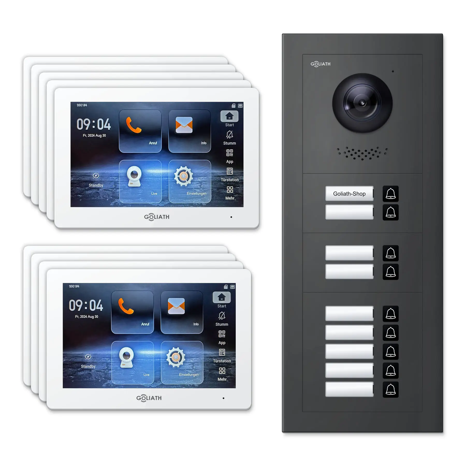 Goliath Türsprechanlage mit Kamera GL-HB900A für 9-Familienhaus: 9 Monitore mit 7 Zoll in Weiß, Außenstation in Anthrazit mit 9 Klingeltasten. Set für Unterputzmontage.