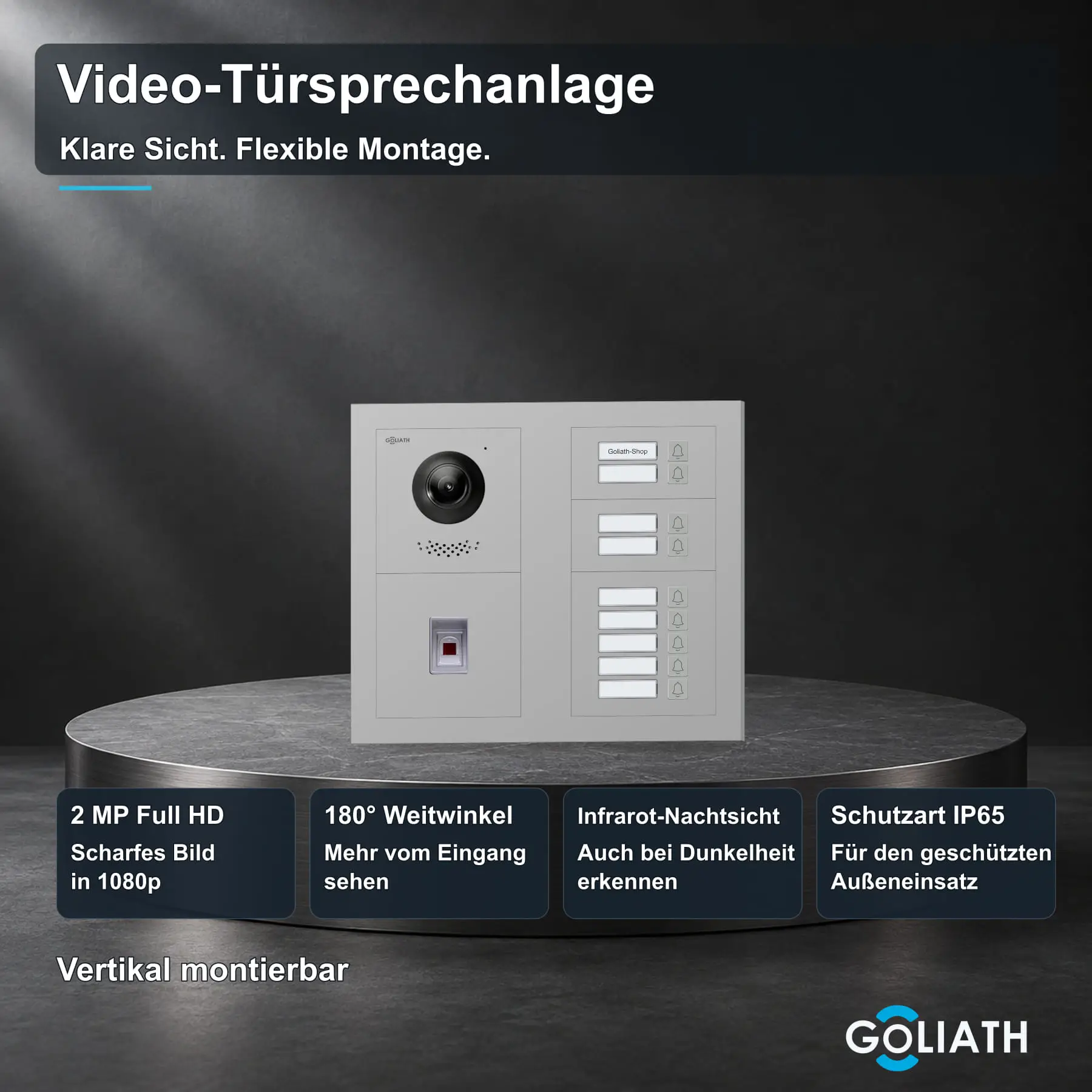 Goliath Premium-Line-Außenstation in Silber mit Kamera, 9 Klingeltasten und Fingerprint-Modul. Zwei aufrechte Modulspalten nebeneinander auf Naturstein.
