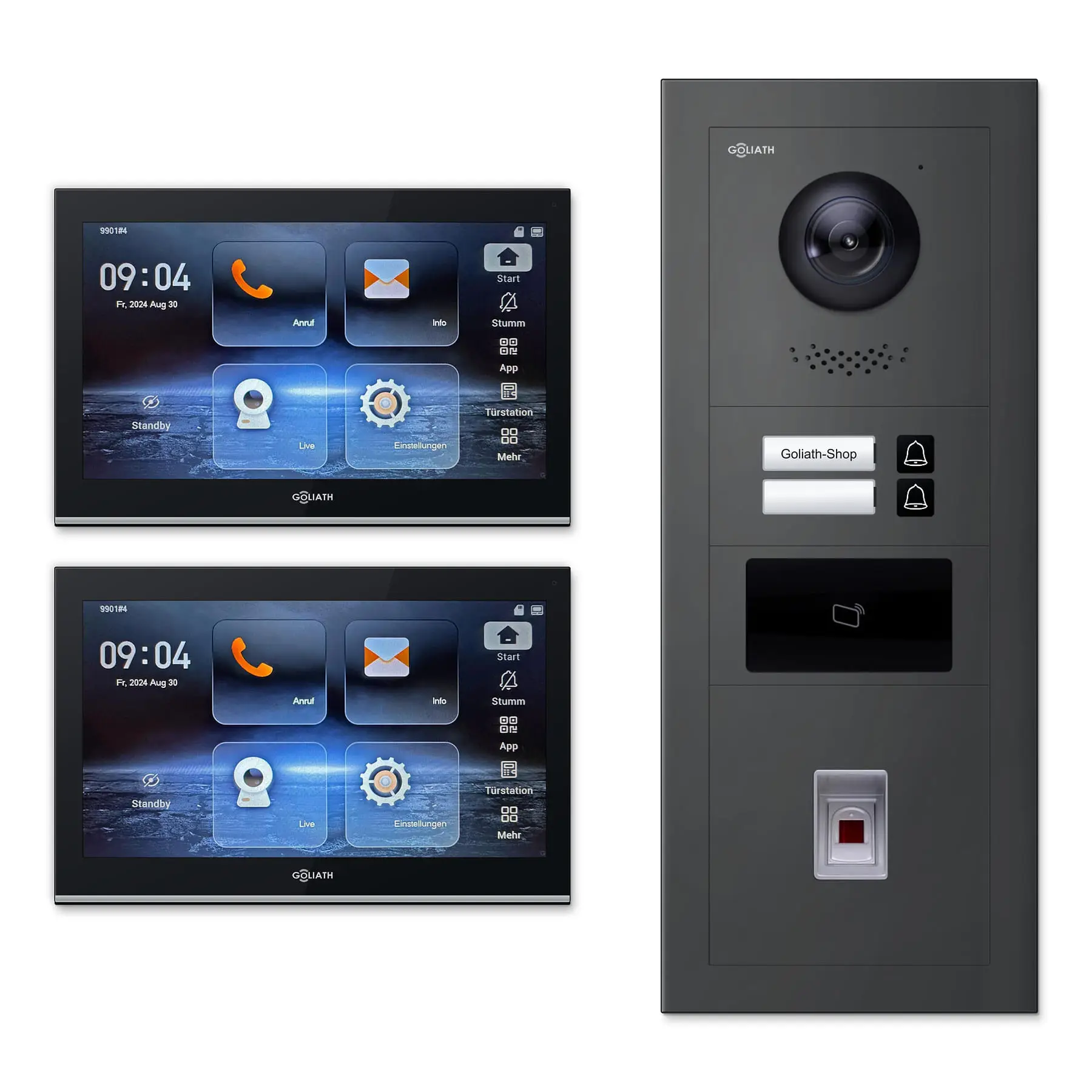 Goliath Video Türsprechanlage GL-IPH240A.6 für 2-Familienhaus: 2 Monitore mit 10 Zoll in Schwarz, Außenstation in Anthrazit mit 2 Klingeltasten sowie RFID, Fingerprint. Set für Aufputzmontage.