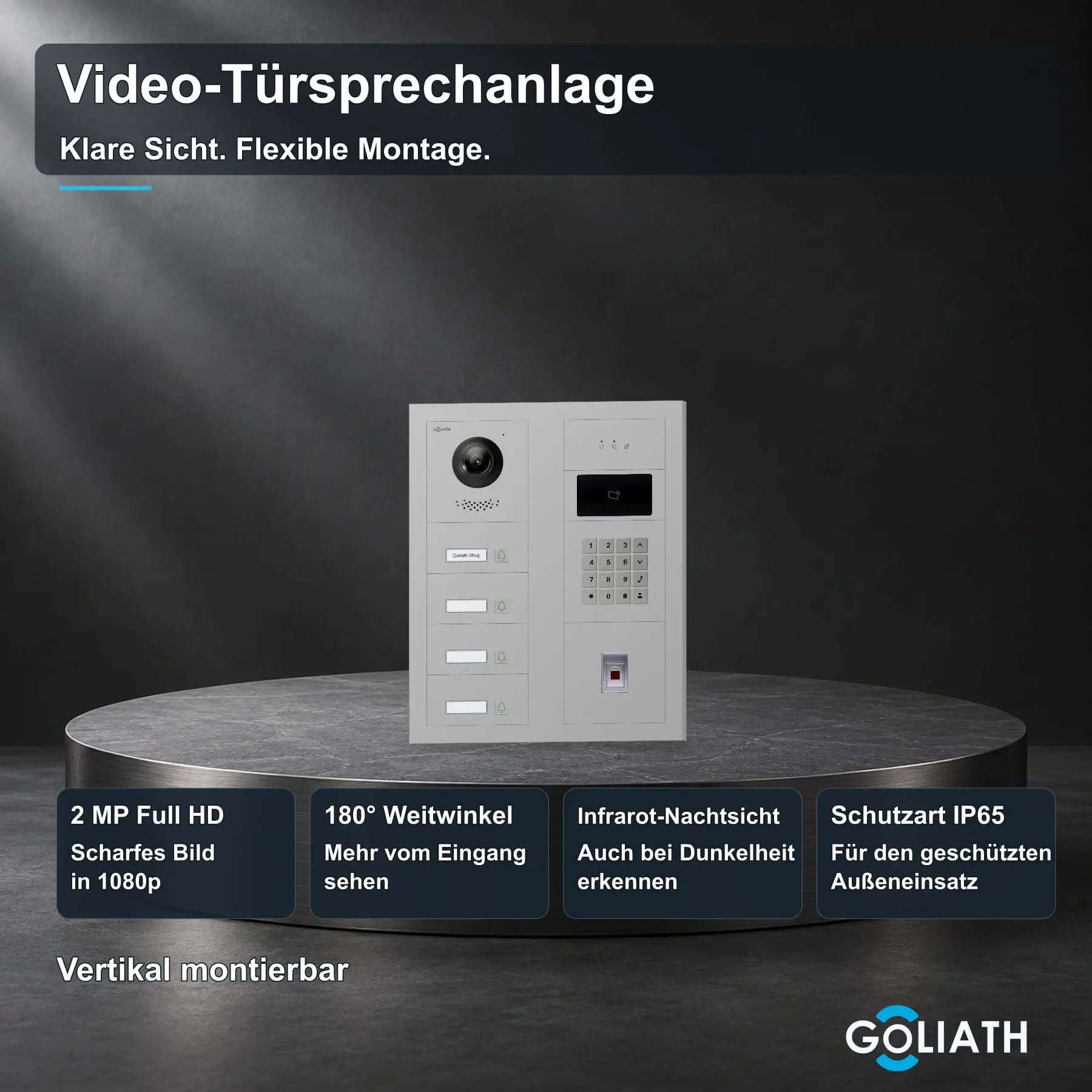 Goliath Außenstation in Silber mit 4 Klingeltasten, Fingerprint, Zahlencode und RFID sowie Feedback. Originalmodule in zwei Spalten; 2 MP Full HD, 180° Blickwinkel, Infrarot-Nachtsicht und IP65.