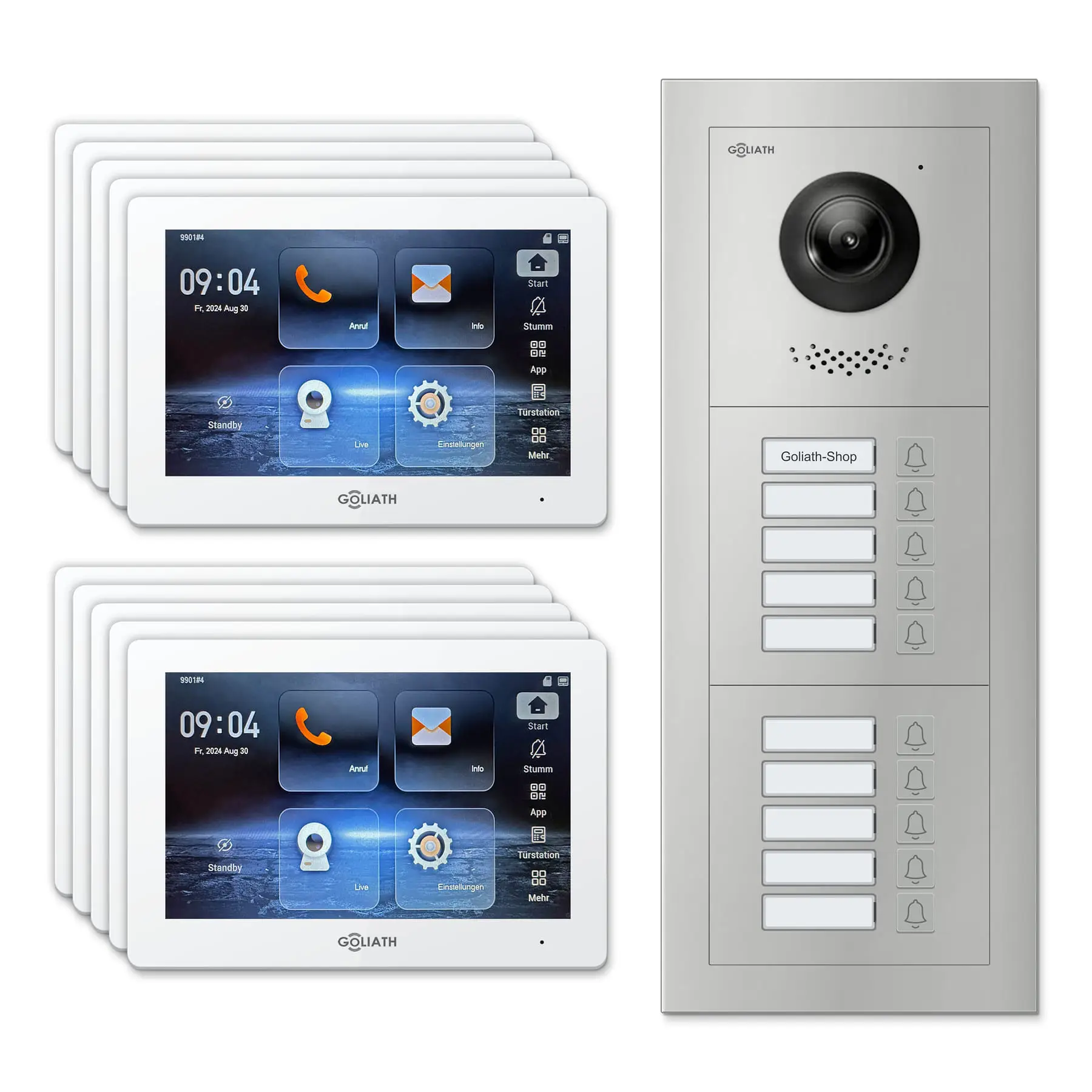 Goliath Türsprechanlage mit Kamera GL-HB1000 für 10-Familienhaus: 10 Monitore mit 7 Zoll in Weiß, Außenstation in Silber mit 10 Klingeltasten. Set für Unterputzmontage.