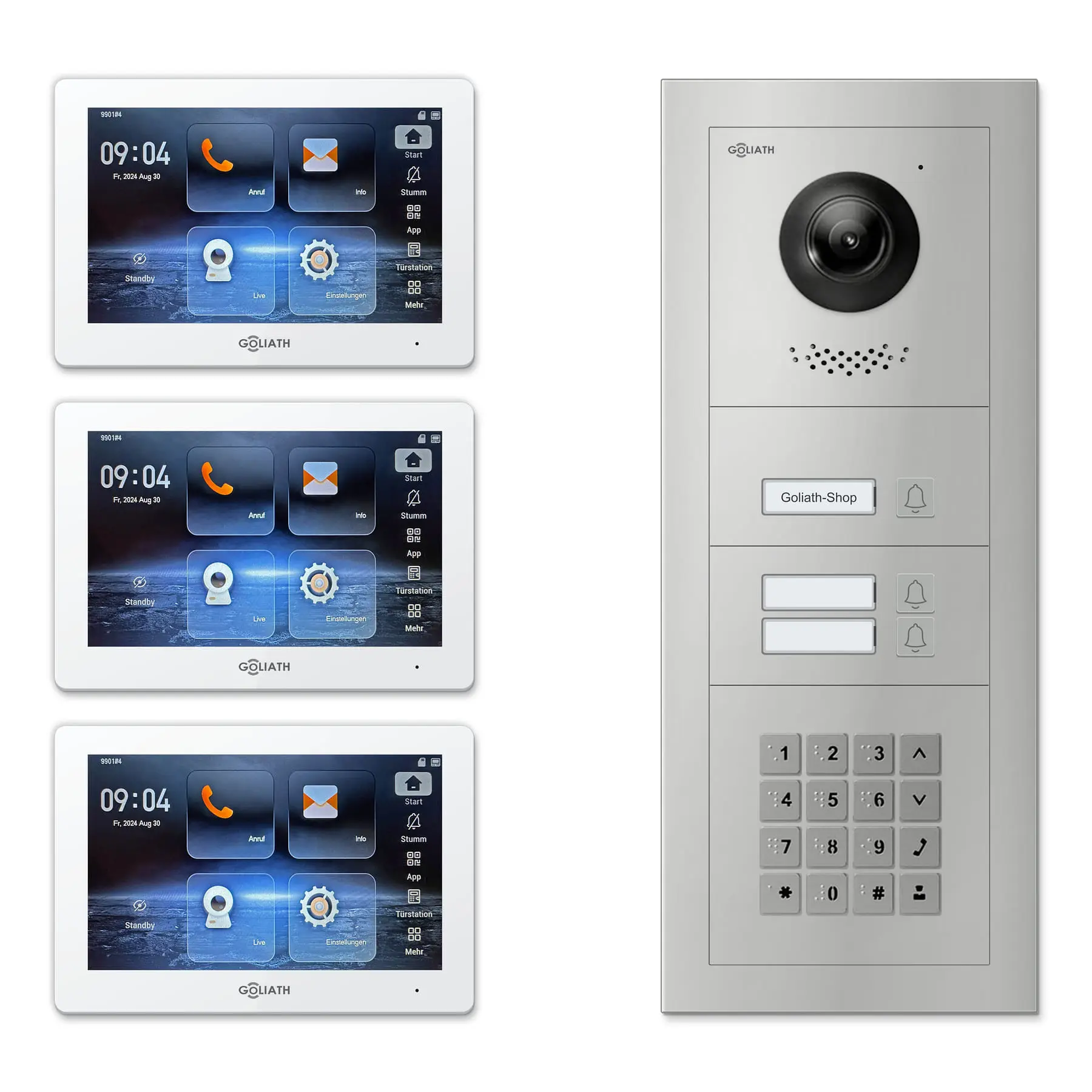 Goliath Türsprechanlage mit Kamera GL-HB320 für 3-Familienhaus: 3 Monitore mit 7 Zoll in Weiß, Außenstation in Silber mit 3 Klingeltasten sowie Zahlencode. Set für Unterputzmontage.