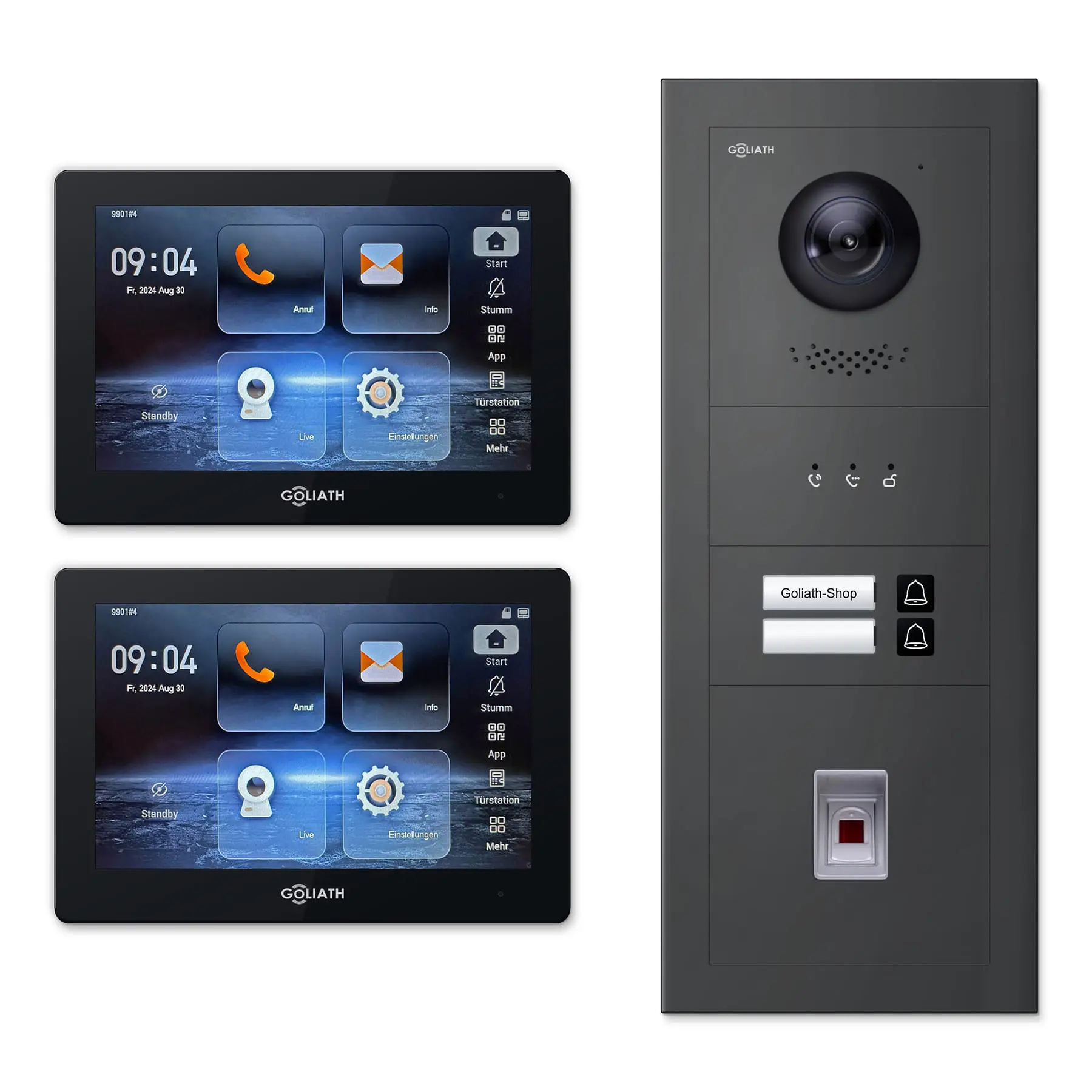 Goliath Video Türsprechanlage GL-IPH235A.6 für 2-Familienhaus: 2 Monitore mit 7 Zoll in Schwarz, Außenstation in Anthrazit mit 2 Klingeltasten sowie Statusanzeige, Fingerprint. Set für Aufputzmontage.