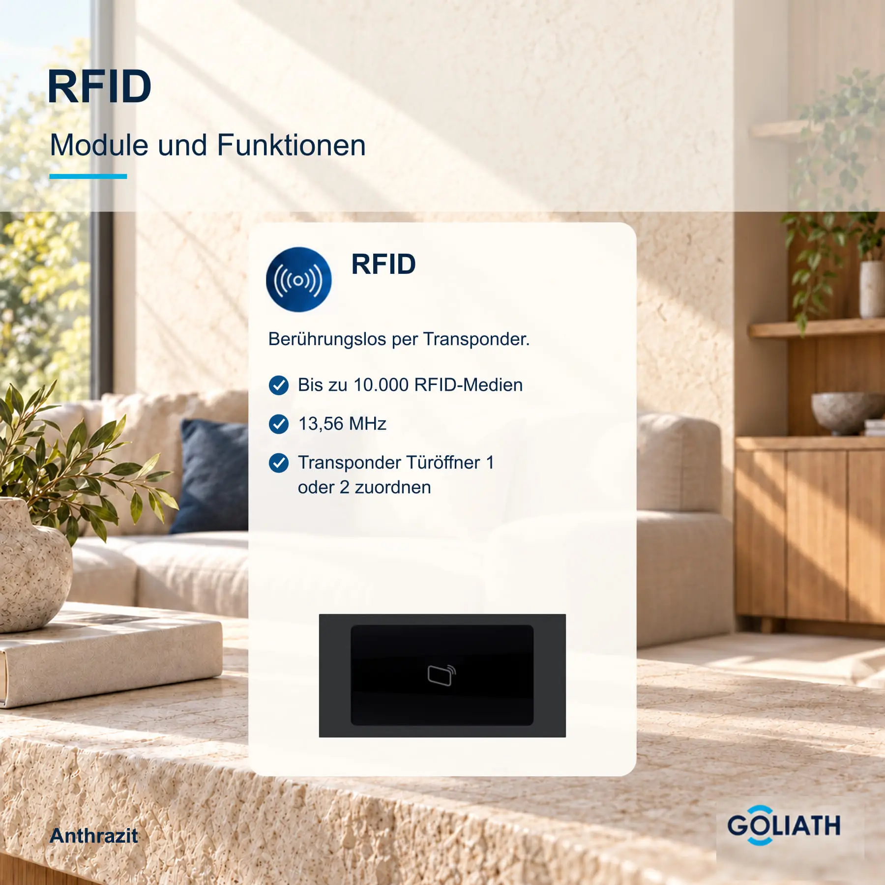 RFID-Leser für die Goliath Türsprechanlage in Anthrazit: berührungslose Türöffnung per Transponder.