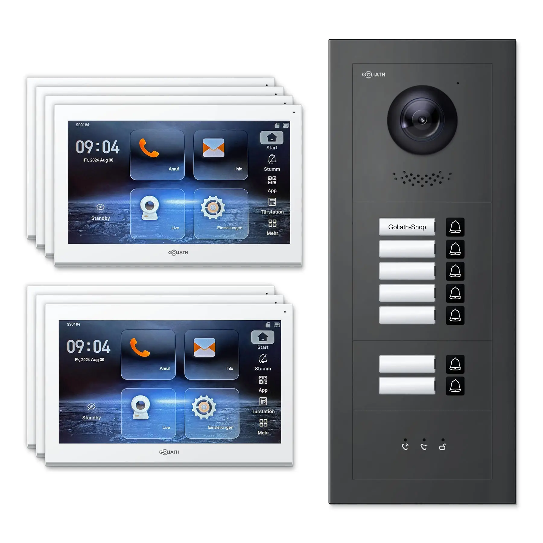 Goliath Video Türsprechanlage GL-IPH700A für 7-Familienhaus: 7 Monitore mit 10 Zoll in Weiß, Außenstation in Anthrazit mit 7 Klingeltasten sowie Statusanzeige. Set für Unterputzmontage.