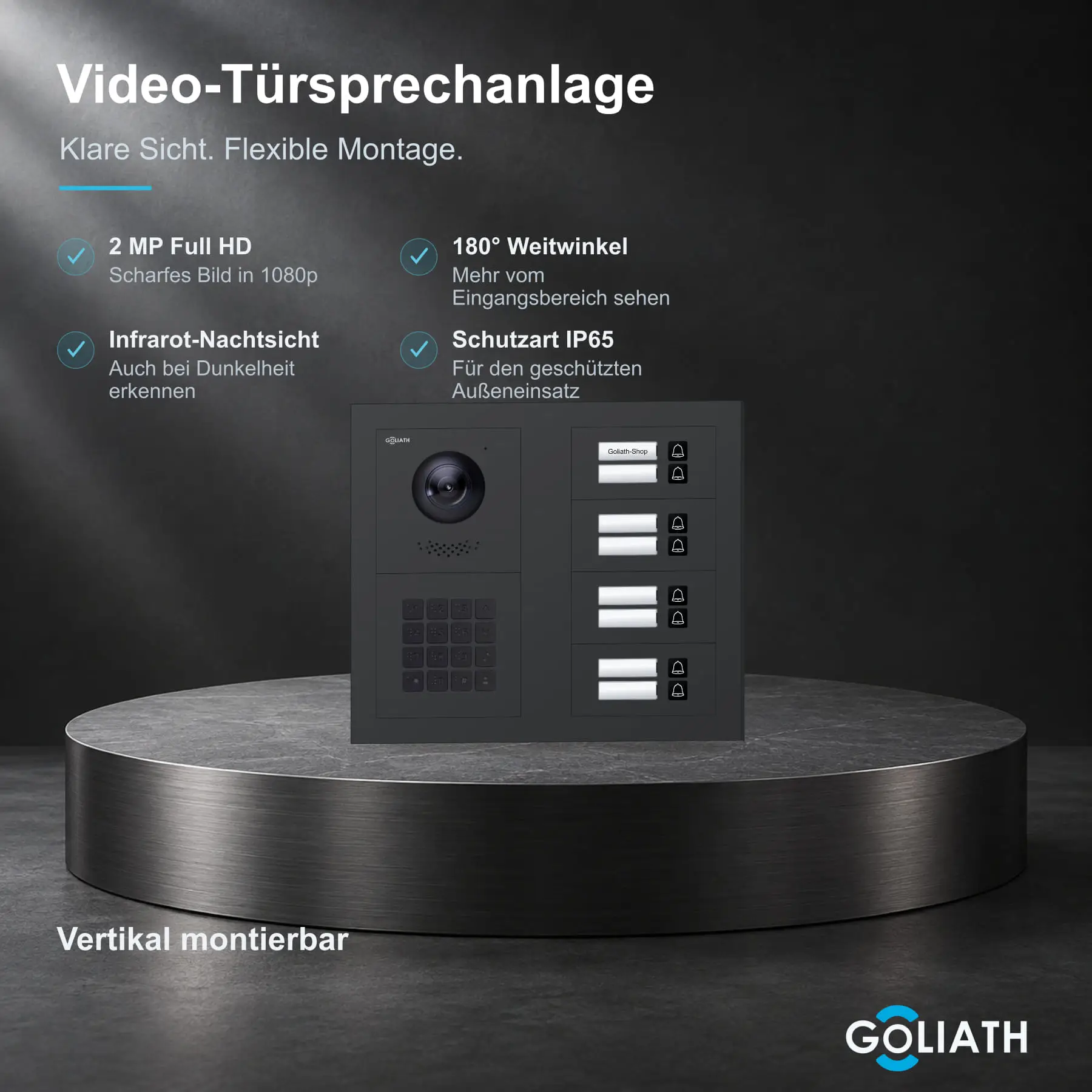 Goliath Premium-Line-Außenstation in Anthrazit mit Kamera, 8 Klingeltasten und Zahlencode-Tastatur. Zwei aufrechte Modulspalten nebeneinander auf Naturstein.