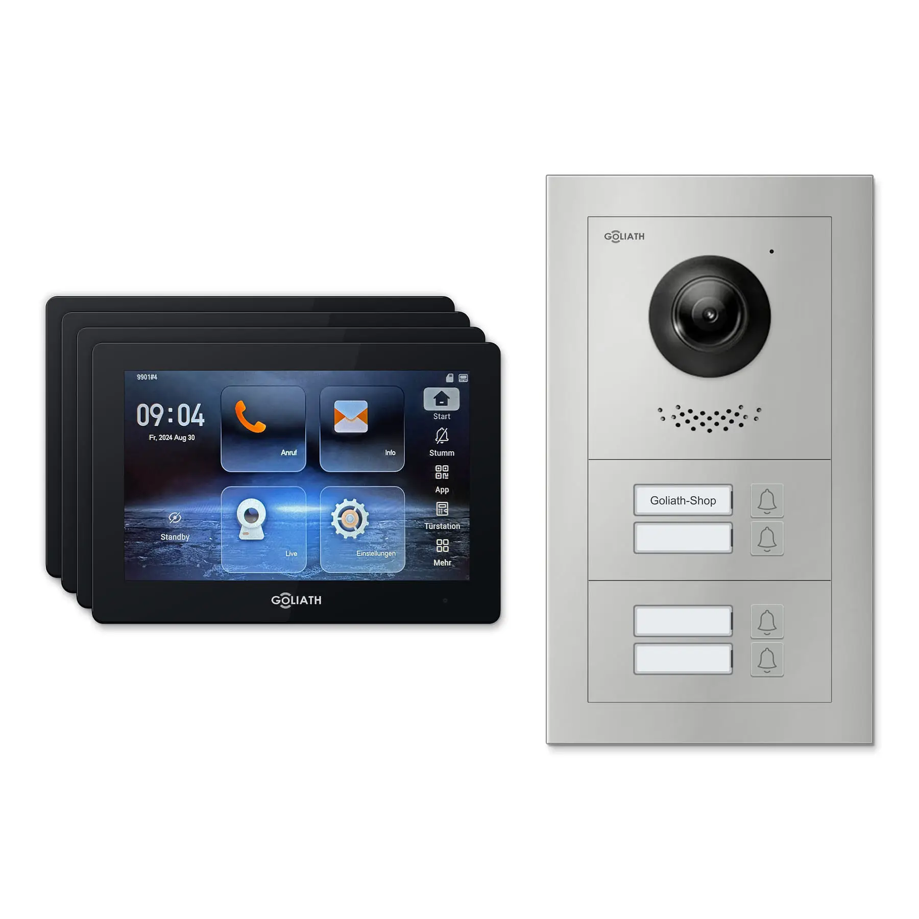 Goliath Video Türsprechanlage GL-IPH405.3 für 4-Familienhaus: 4 Monitore mit 7 Zoll in Schwarz, Außenstation in Silber mit 4 Klingeltasten. Set für Aufputzmontage.