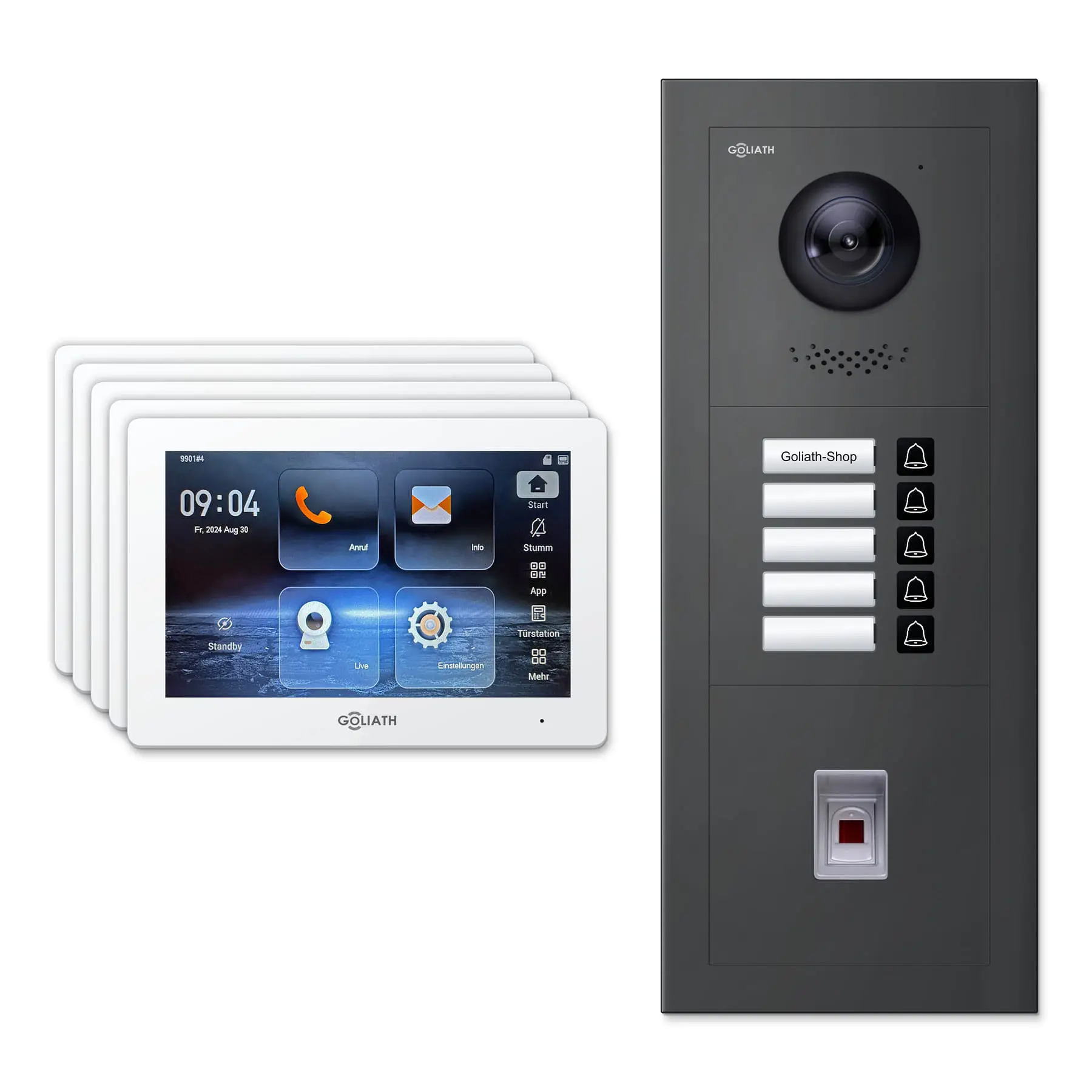 Goliath Video Türsprechanlage GL-IPH535A für 5-Familienhaus: 5 Monitore mit 7 Zoll in Weiß, Außenstation in Anthrazit mit 5 Klingeltasten sowie Fingerprint. Set für Unterputzmontage.