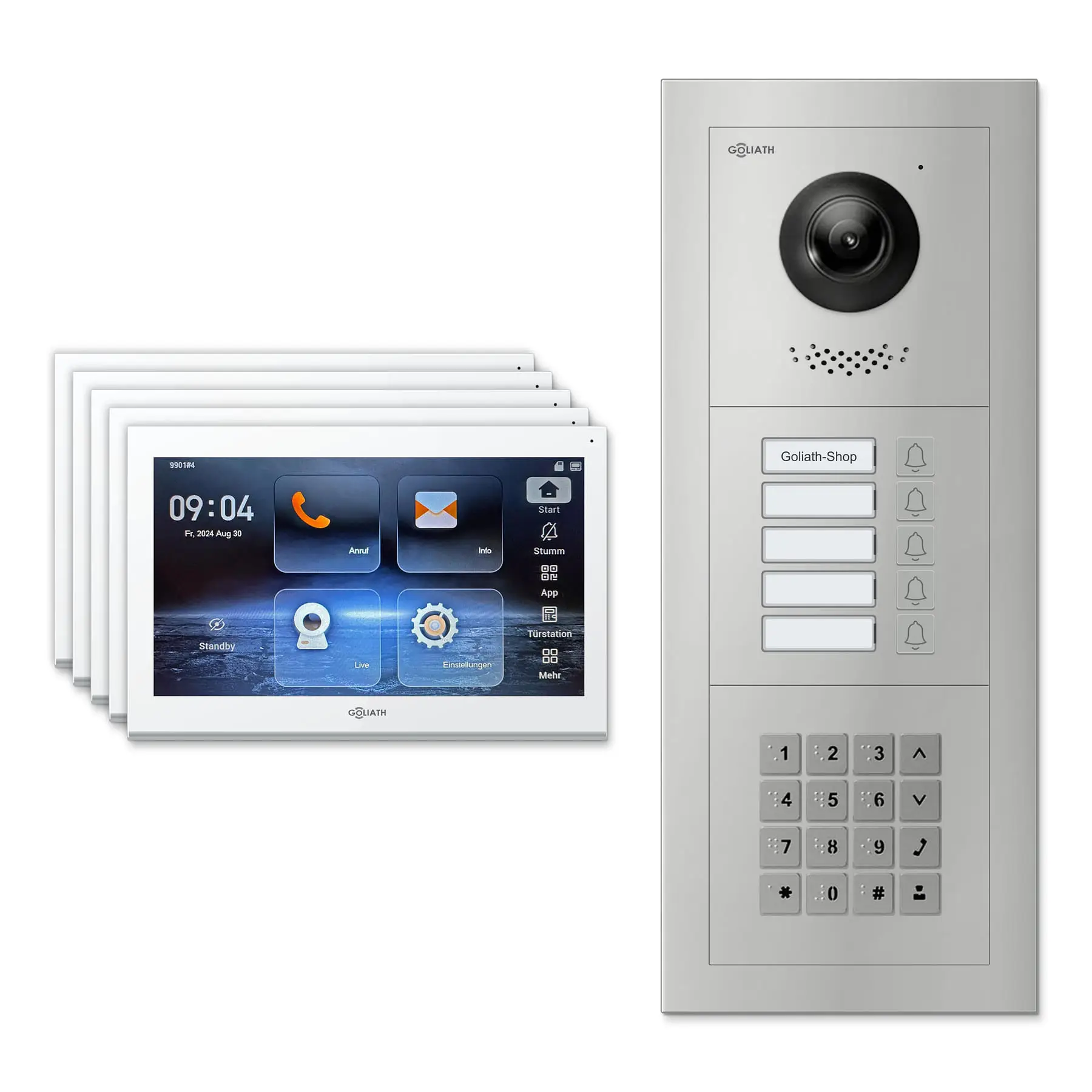 Goliath Video Türsprechanlage GL-IPH520.1 für 5-Familienhaus: 5 Monitore mit 10 Zoll in Weiß, Außenstation in Silber mit 5 Klingeltasten sowie Zahlencode. Set für Aufputzmontage.