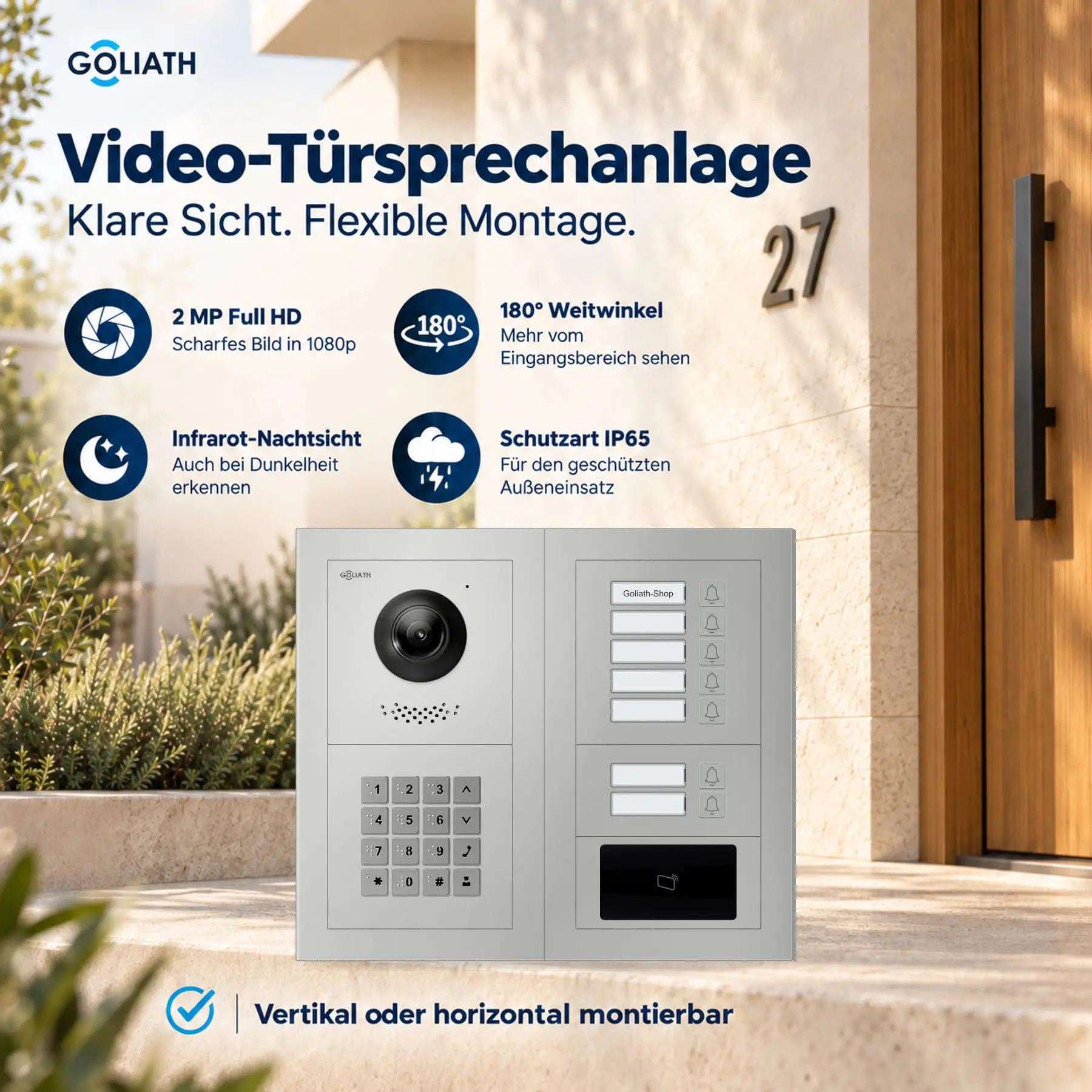 Goliath Premium-Line-Außenstation in Silber mit Kamera, 7 Klingeltasten, Zahlencode-Tastatur und RFID-Leser. Zwei aufrechte Modulspalten nebeneinander auf Naturstein.