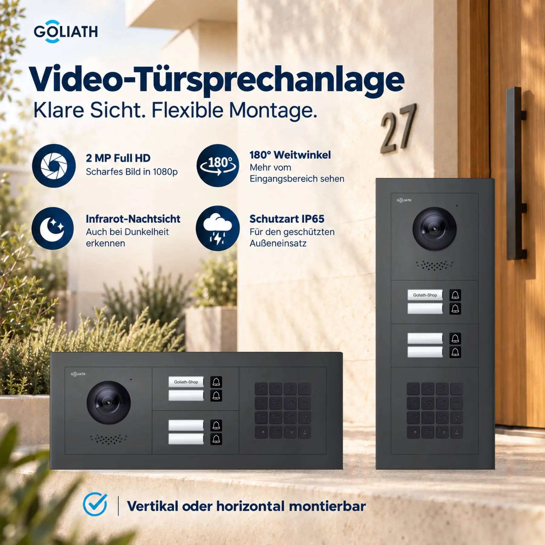 Goliath Premium-Line-Außenstation in Anthrazit mit Kamera, 4 Klingeltasten und Zahlencode-Tastatur. Senkrechte und waagerechte Anordnung auf Naturstein.