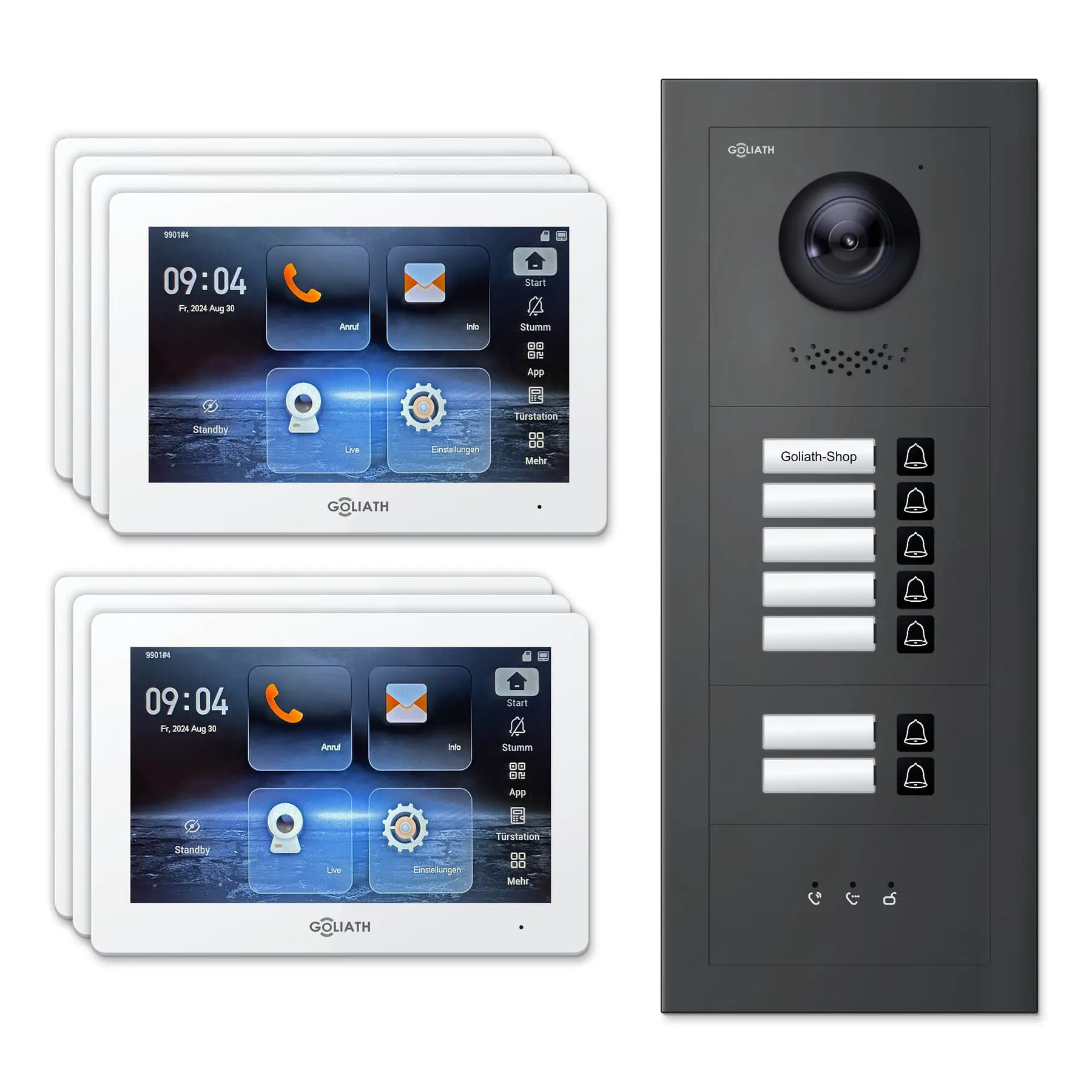 Goliath Video Türsprechanlage GL-IPH705A für 7-Familienhaus: 7 Monitore mit 7 Zoll in Weiß, Außenstation in Anthrazit mit 7 Klingeltasten sowie Statusanzeige. Set für Unterputzmontage.