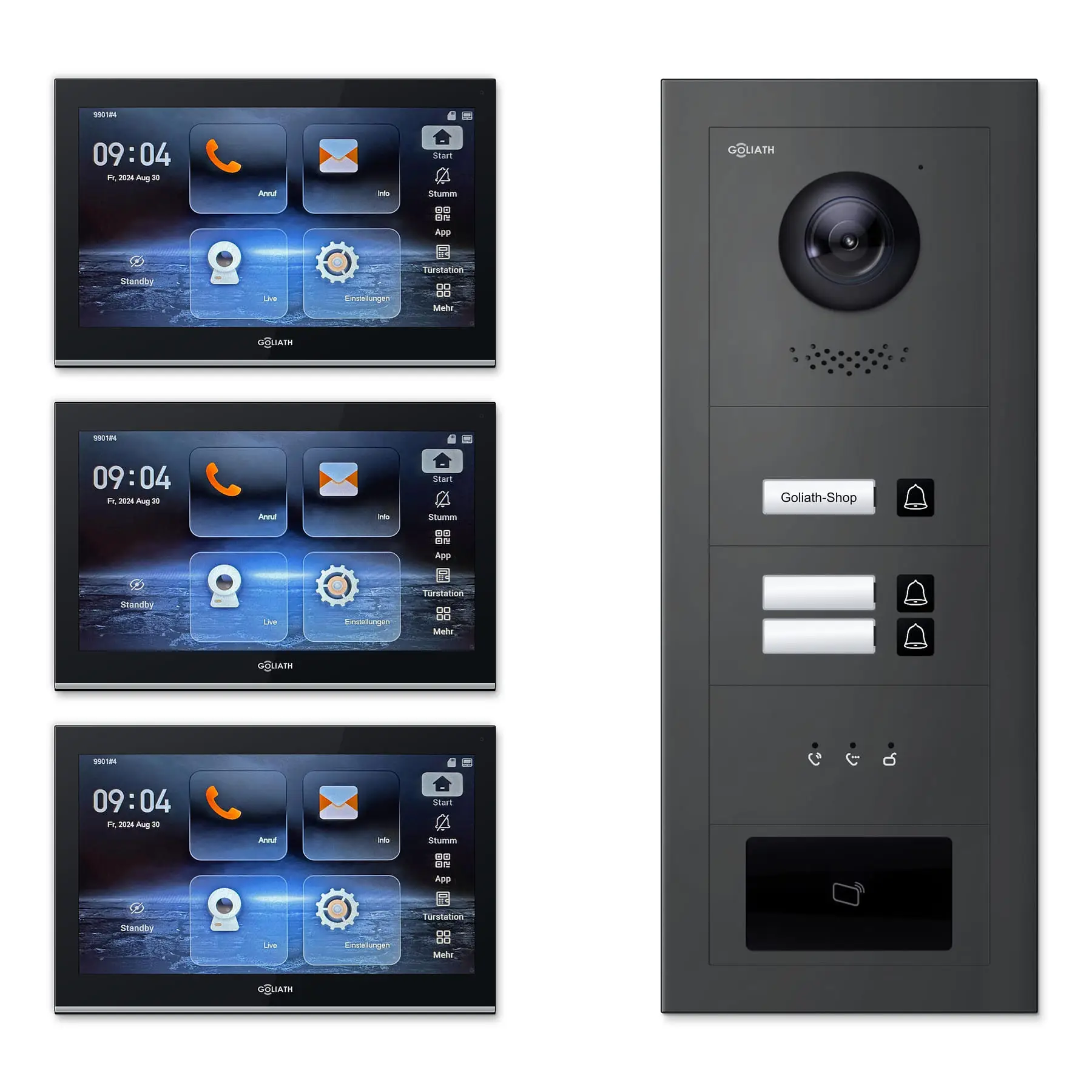 Goliath Video Türsprechanlage GL-IPH310A.6 für 3-Familienhaus: 3 Monitore mit 10 Zoll in Schwarz, Außenstation in Anthrazit mit 3 Klingeltasten sowie Statusanzeige, RFID. Set für Aufputzmontage.