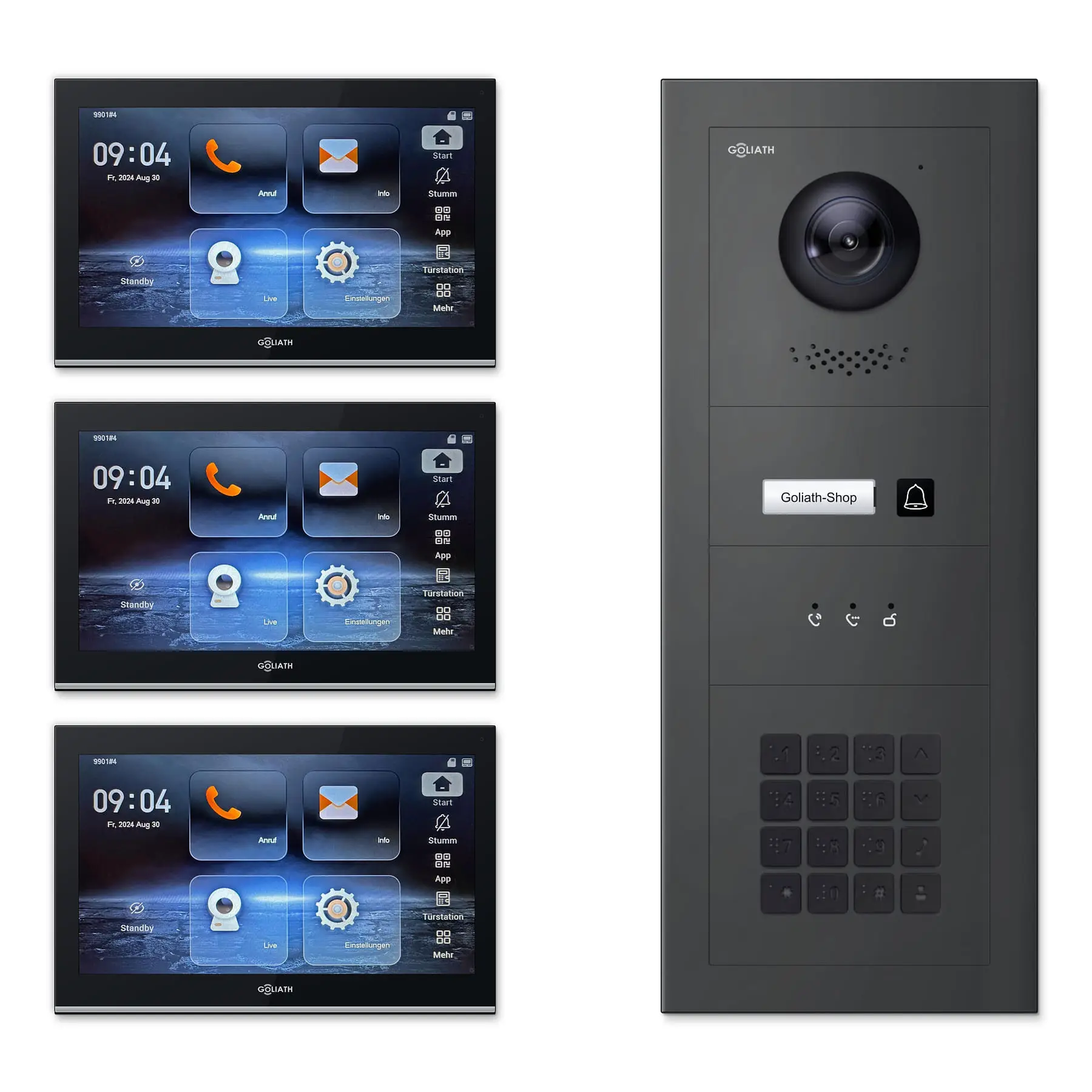 Goliath Video Türsprechanlage GL-IPH122A.6 für 1-Familienhaus: 3 Monitore mit 10 Zoll in Schwarz, Außenstation in Anthrazit mit 1 Klingeltaste sowie Statusanzeige, Zahlencode. Set für Aufputzmontage.