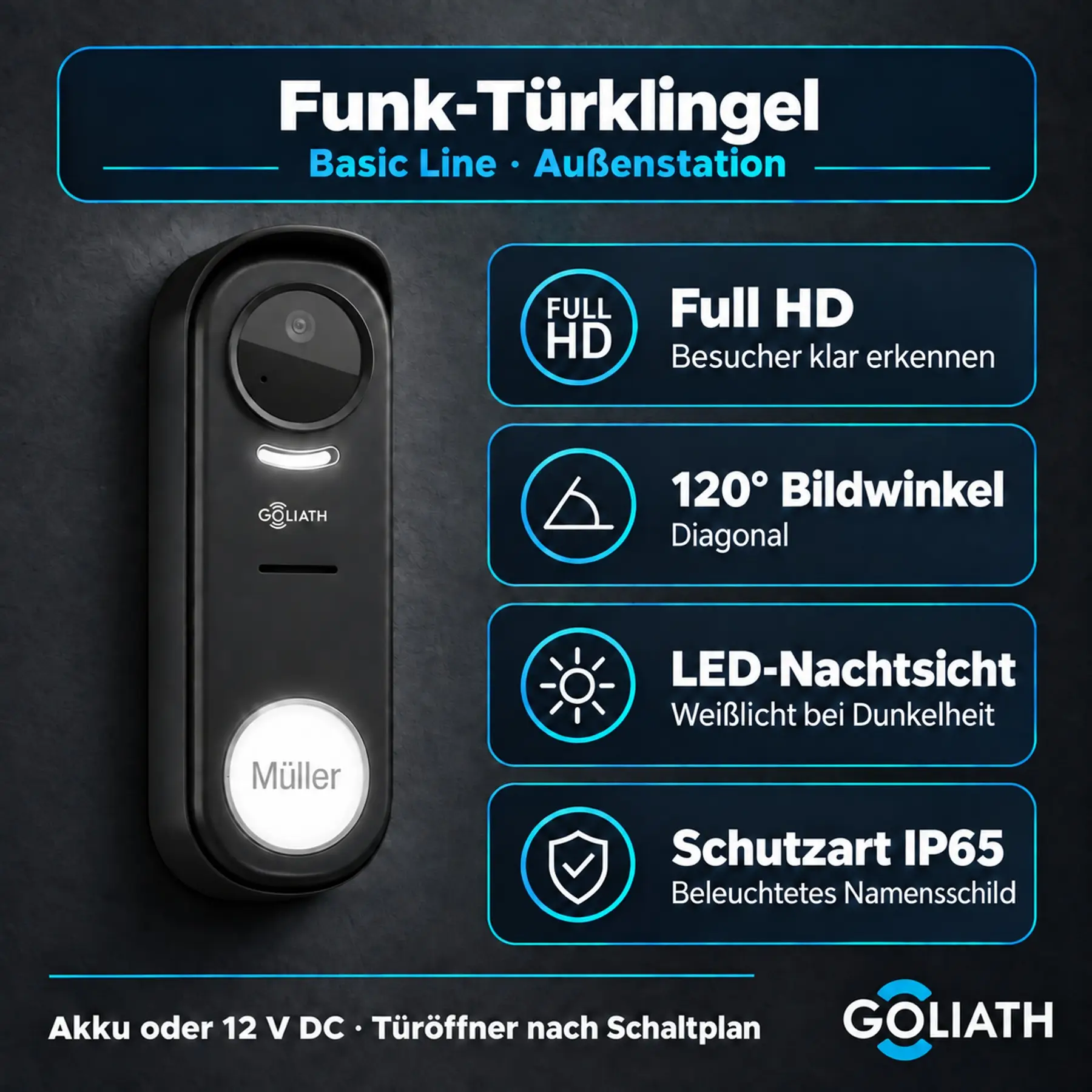 Basic Line Türklingel Funk – Außenstation mit Full HD, 120° diagonal und LED-Nachtsicht