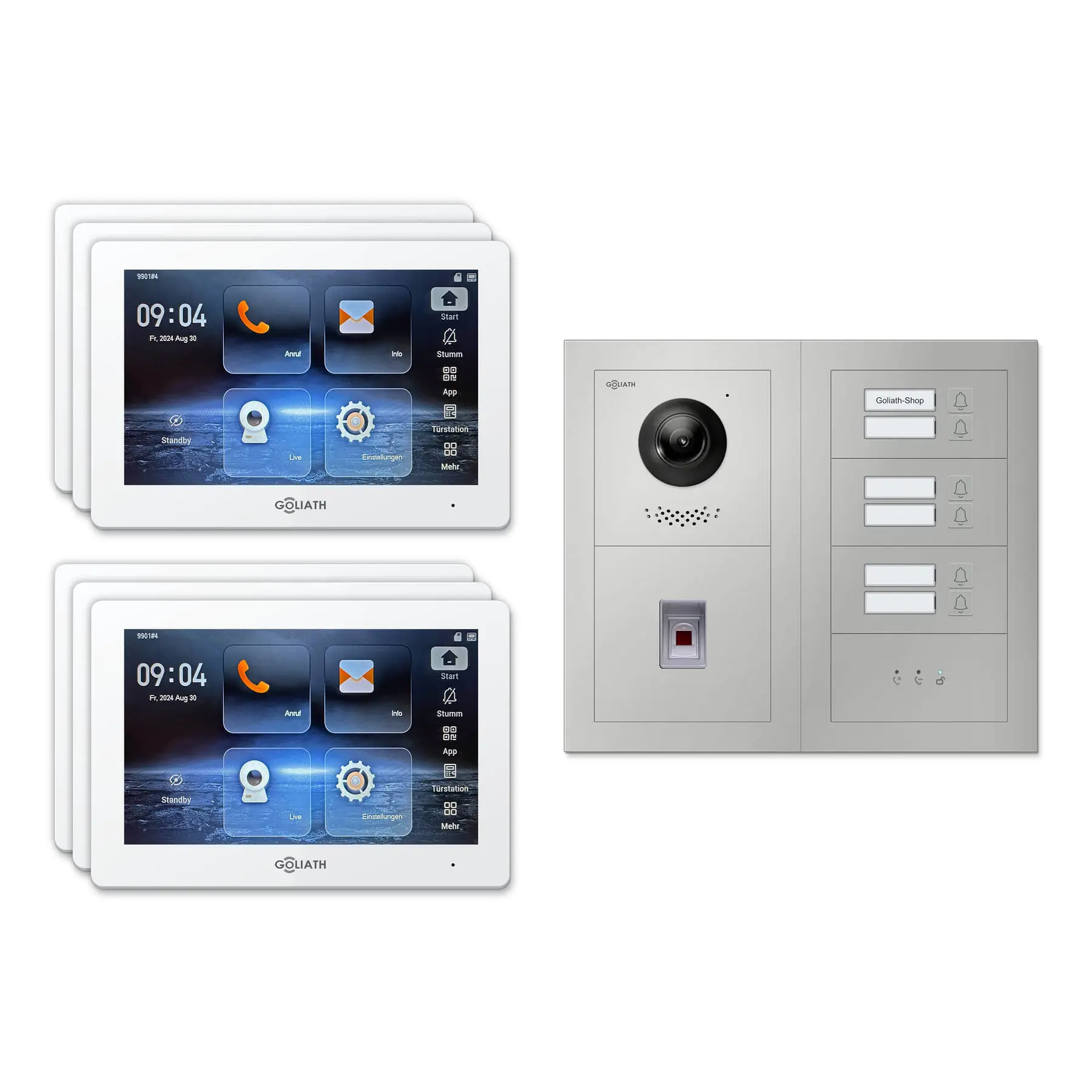 Goliath Türsprechanlage mit Kamera GL-HB650 für 6-Familienhaus: 6 Monitore mit 7 Zoll in Weiß, Außenstation in Silber mit 6 Klingeltasten sowie Statusanzeige, Fingerprint. Set für Unterputzmontage.