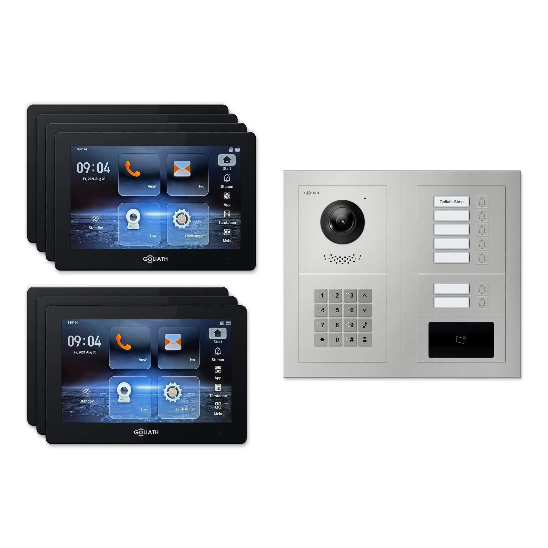 Goliath Türsprechanlage mit Kamera GL-HB720.3 für 7-Familienhaus: 7 Monitore mit 7 Zoll in Schwarz, Außenstation in Silber mit 7 Klingeltasten sowie RFID, Zahlencode. Set für Aufputzmontage.