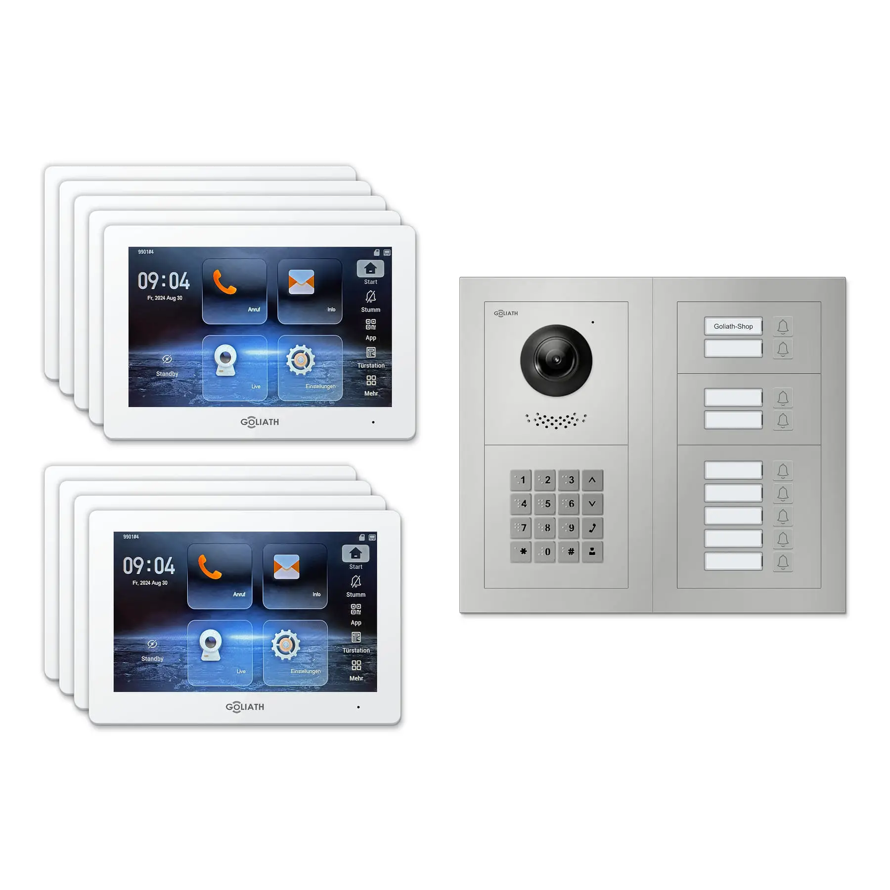 Goliath Türsprechanlage mit Kamera GL-HB920 für 9-Familienhaus: 9 Monitore mit 7 Zoll in Weiß, Außenstation in Silber mit 9 Klingeltasten sowie Zahlencode. Set für Unterputzmontage.