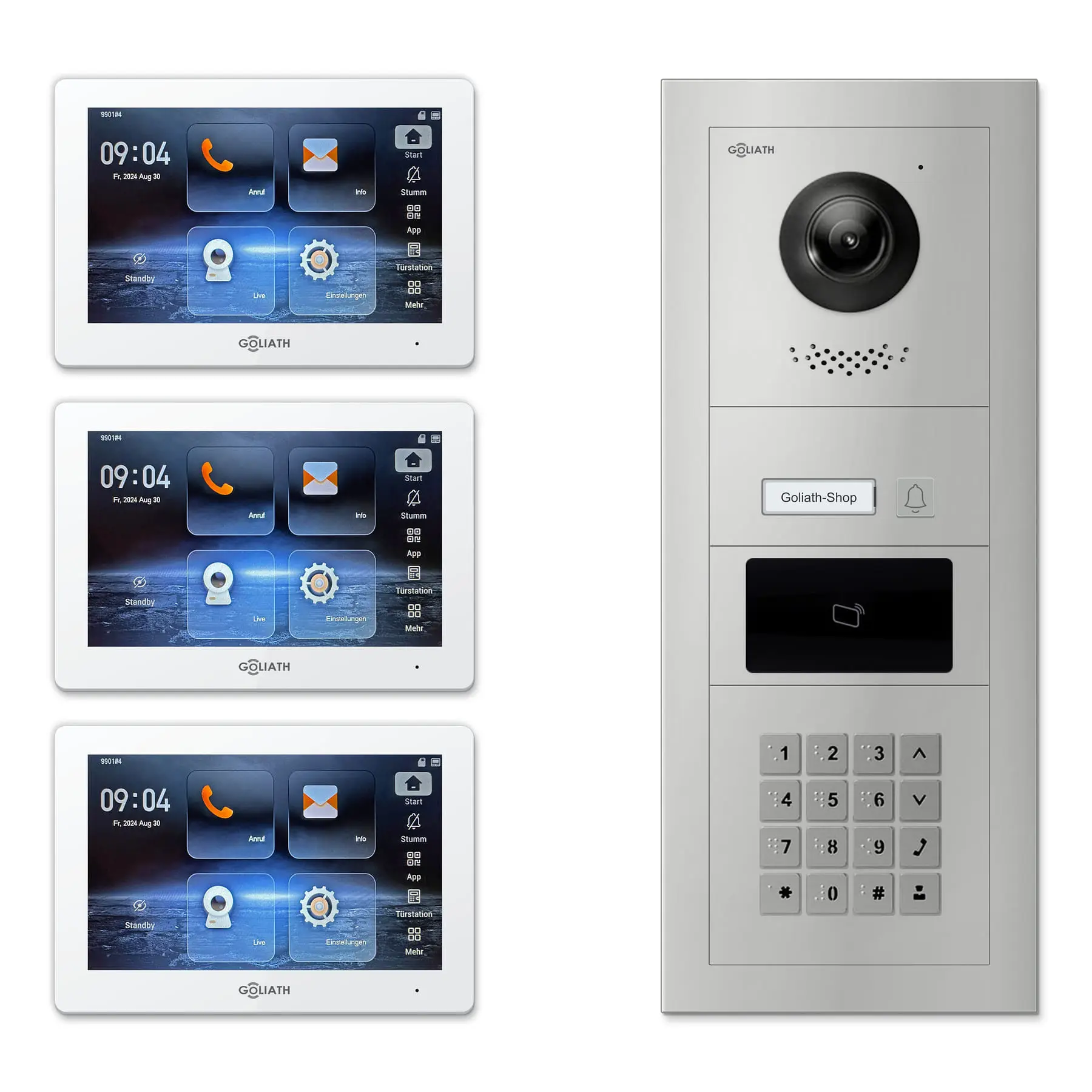 Goliath Türsprechanlage mit Kamera GL-HB152.1 für 1-Familienhaus: 3 Monitore mit 7 Zoll in Weiß, Außenstation in Silber mit 1 Klingeltaste sowie RFID, Zahlencode. Set für Aufputzmontage.