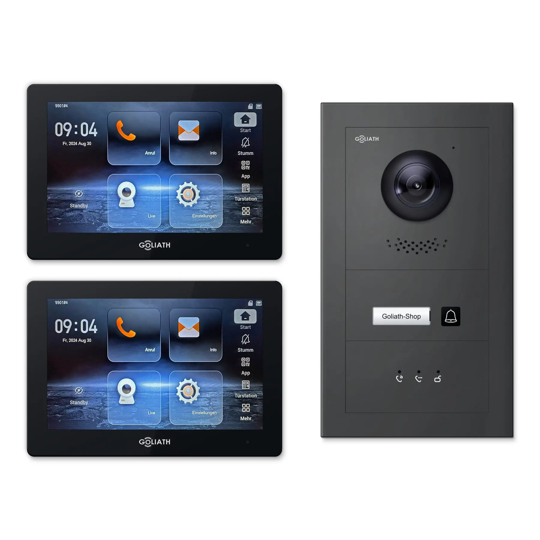 Goliath Video Türsprechanlage GL-IPH106A.4 für 1-Familienhaus: 2 Monitore mit 7 Zoll in Schwarz, Außenstation in Anthrazit mit 1 Klingeltaste sowie Statusanzeige. Set für Unterputzmontage.