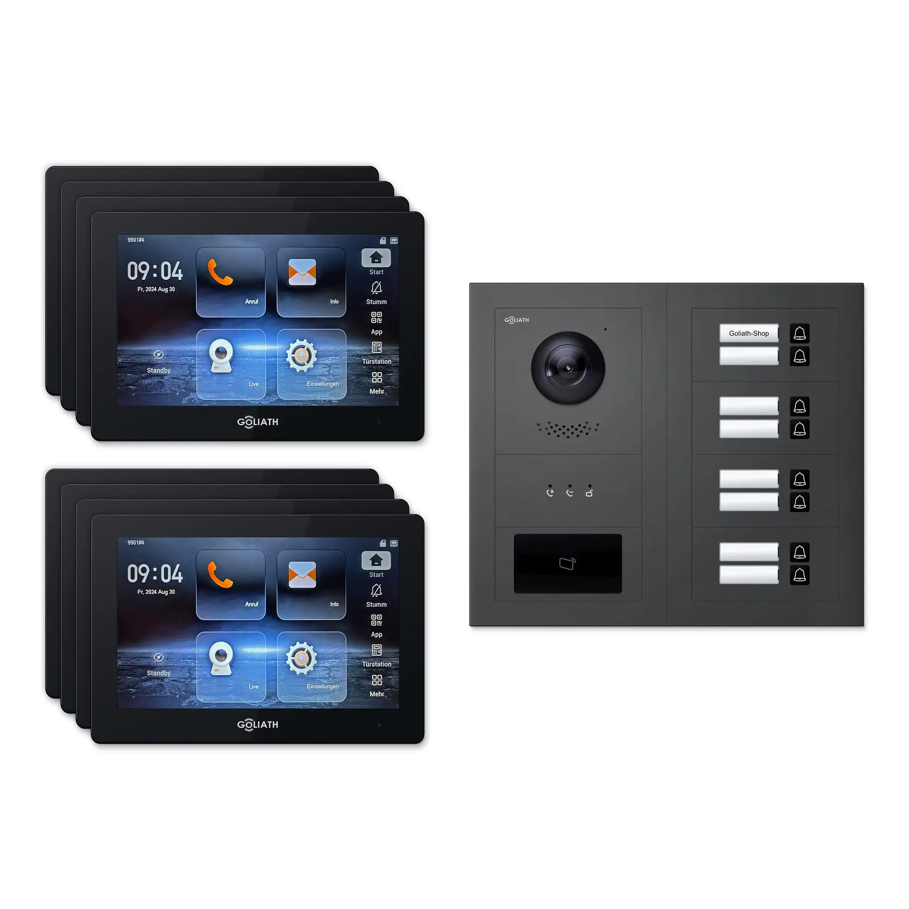 Goliath Video Türsprechanlage GL-IPH815A.3 für 8-Familienhaus: 8 Monitore mit 7 Zoll in Schwarz, Außenstation in Anthrazit mit 8 Klingeltasten sowie Statusanzeige, RFID. Set für Aufputzmontage.