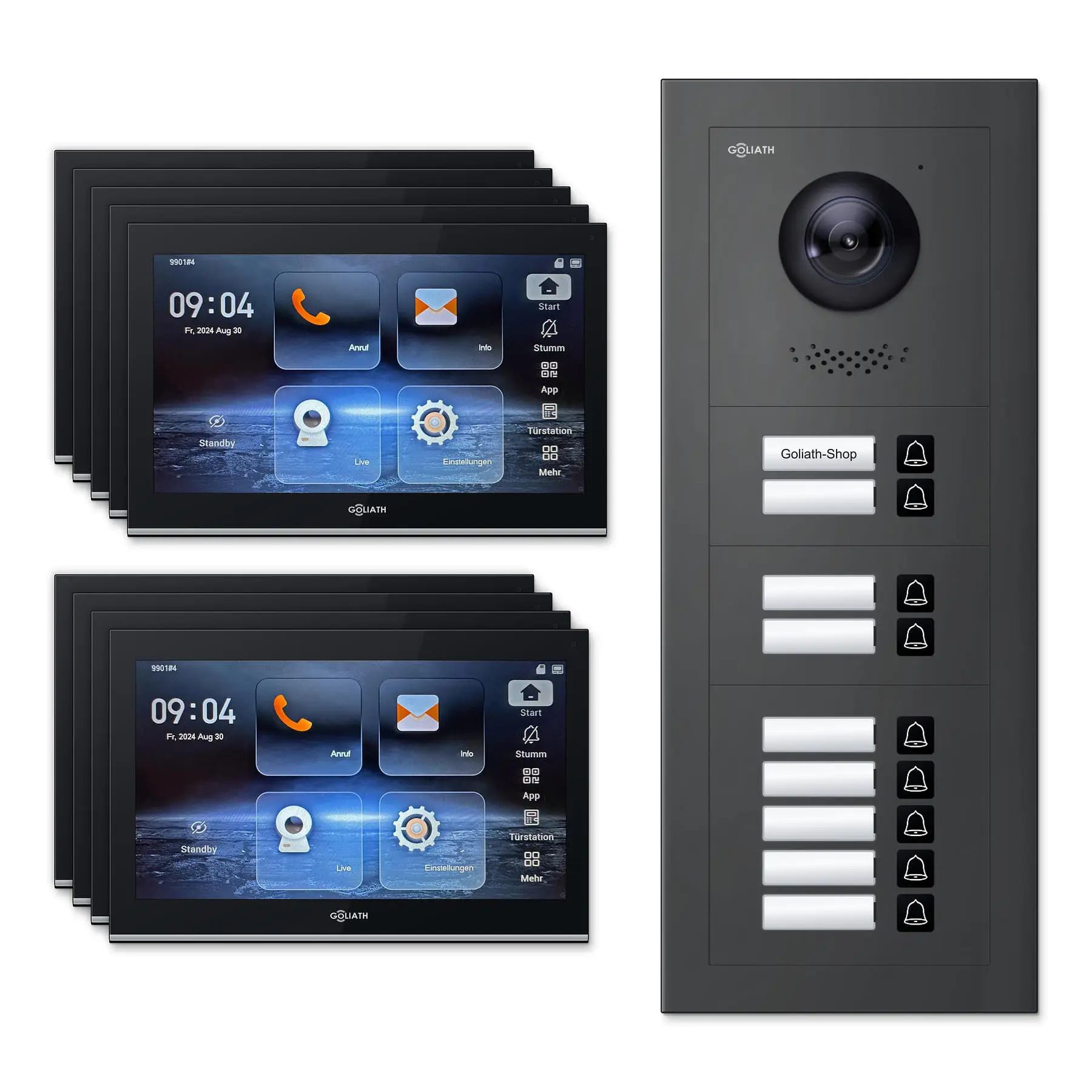 Goliath Video Türsprechanlage GL-IPH900A.2 für 9-Familienhaus: 9 Monitore mit 10 Zoll in Schwarz, Außenstation in Anthrazit mit 9 Klingeltasten. Set für Unterputzmontage.