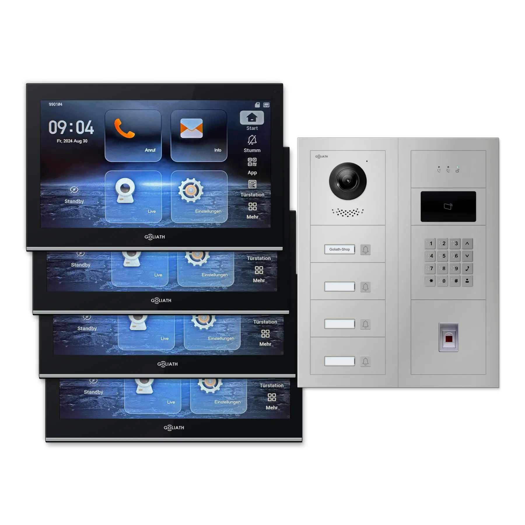 Modulare Goliath Außenstation in silber mit 4 Klingeltasten, Fingerprint, Zahlencode und RFID sowie Feedback-Modul und 4 10-Zoll-Innenmonitoren in Schwarz.