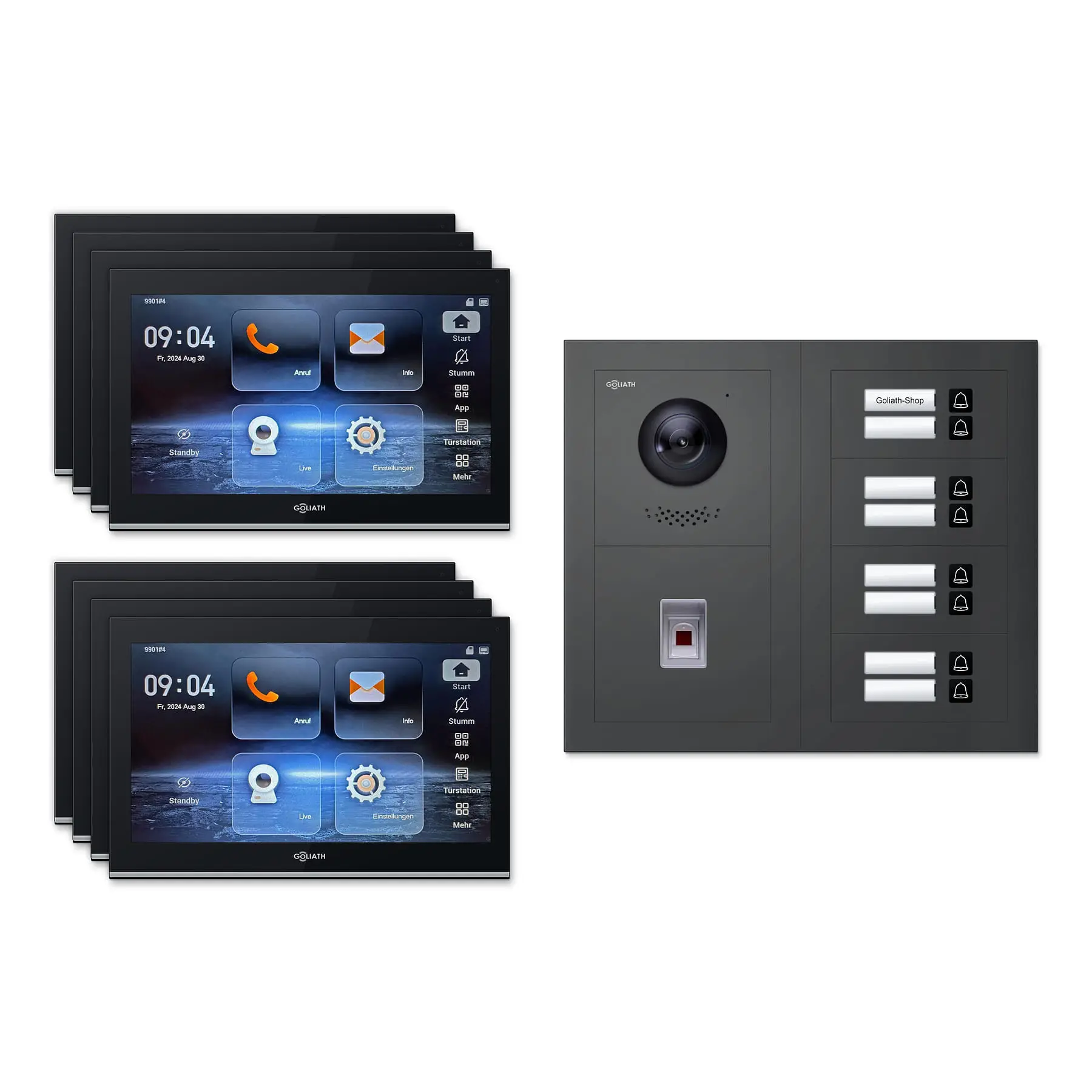 Goliath Video Türsprechanlage GL-IPH830A.3 für 8-Familienhaus: 8 Monitore mit 10 Zoll in Schwarz, Außenstation in Anthrazit mit 8 Klingeltasten sowie Fingerprint. Set für Aufputzmontage.