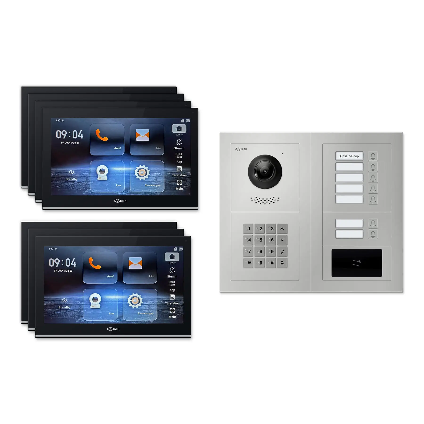 Goliath Video Türsprechanlage GL-IPH720.3 für 7-Familienhaus: 7 Monitore mit 10 Zoll in Schwarz, Außenstation in Silber mit 7 Klingeltasten sowie RFID, Zahlencode. Set für Aufputzmontage.