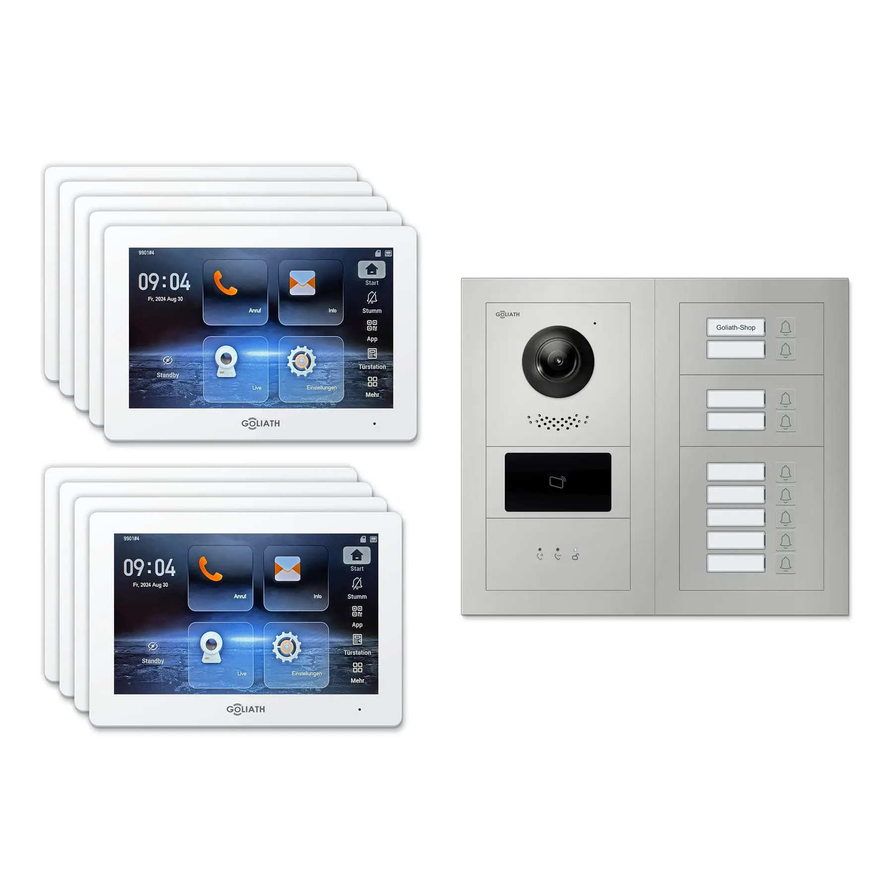 Goliath Türsprechanlage mit Kamera GL-HB910 für 9-Familienhaus: 9 Monitore mit 7 Zoll in Weiß, Außenstation in Silber mit 9 Klingeltasten sowie Statusanzeige, RFID. Set für Unterputzmontage.