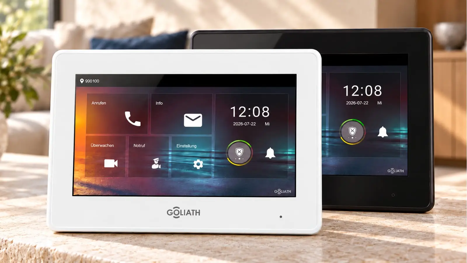 Wei&szlig;e und schwarze Goliath 7-Zoll-Hybrid-Innenmonitore f&uuml;r das Premium-2-Draht-Set