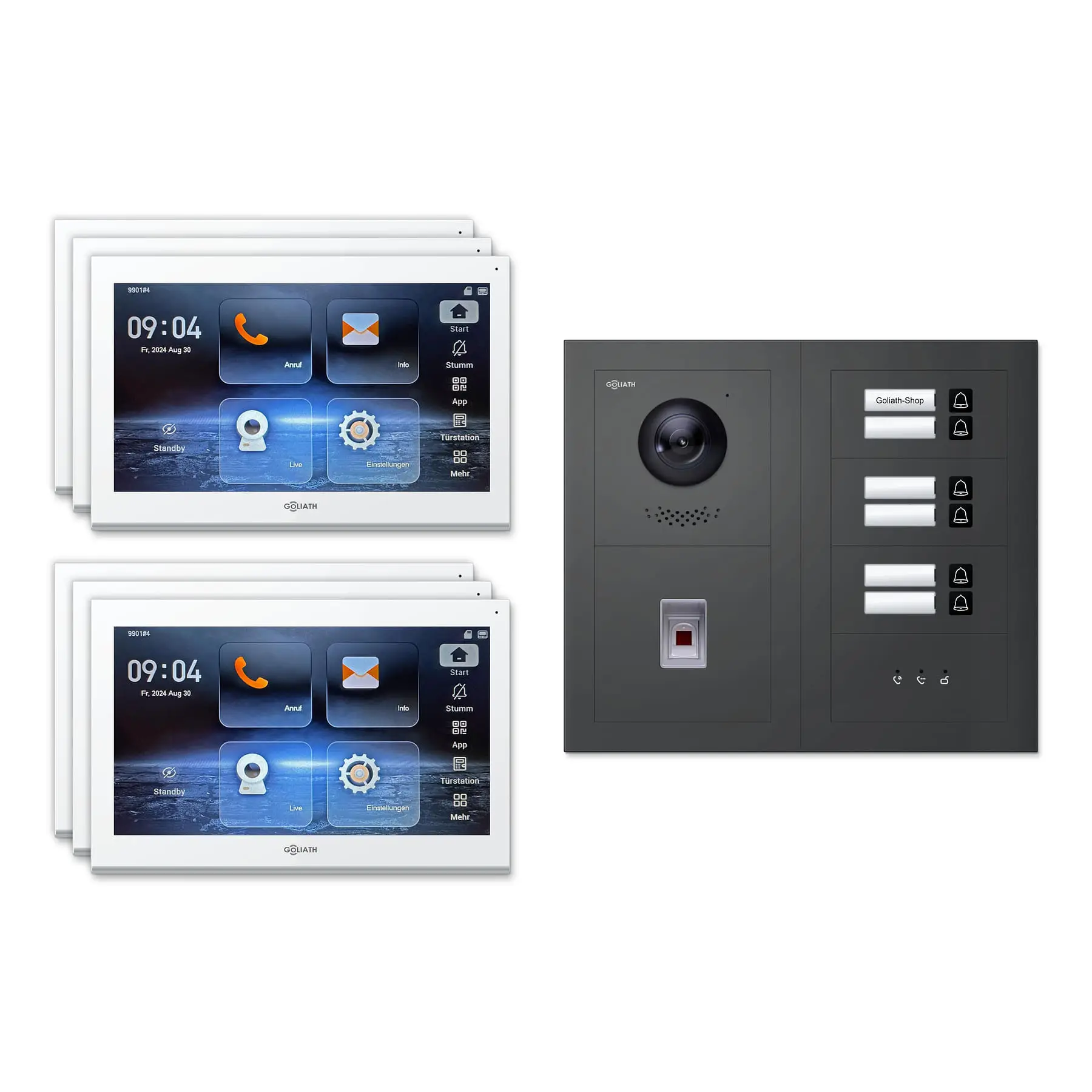 Goliath Video Türsprechanlage GL-IPH650A für 6-Familienhaus: 6 Monitore mit 10 Zoll in Weiß, Außenstation in Anthrazit mit 6 Klingeltasten sowie Statusanzeige, Fingerprint. Set für Unterputzmontage.