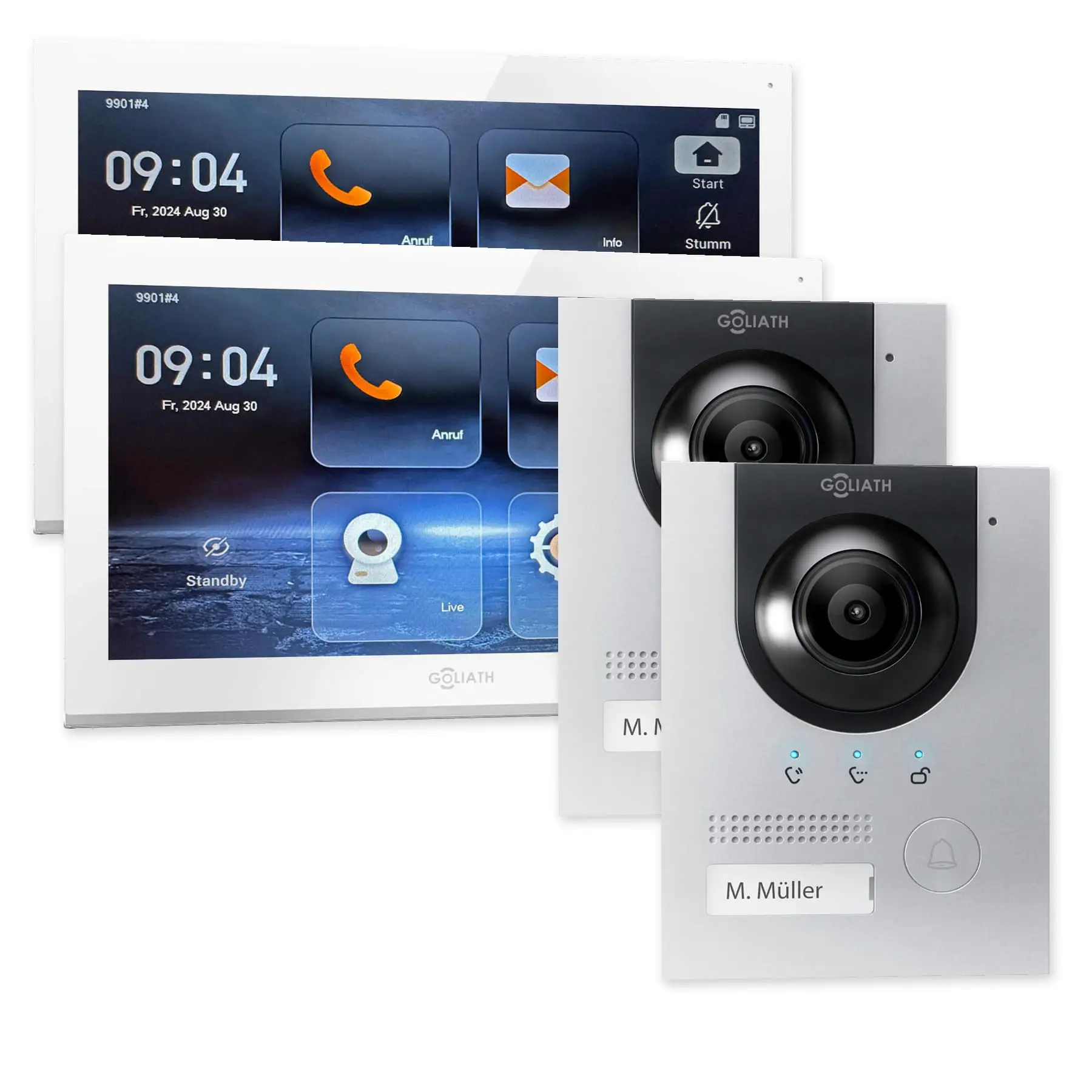 Goliath IP-Set mit zwei silbernen Kompakt-Außenstationen und 2 weißen 10-Zoll-Innenmonitoren.