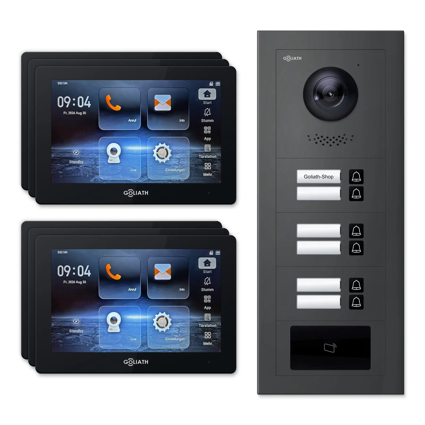 Goliath Video Türsprechanlage GL-IPH615A.3 für 6-Familienhaus: 6 Monitore mit 7 Zoll in Schwarz, Außenstation in Anthrazit mit 6 Klingeltasten sowie RFID. Set für Aufputzmontage.