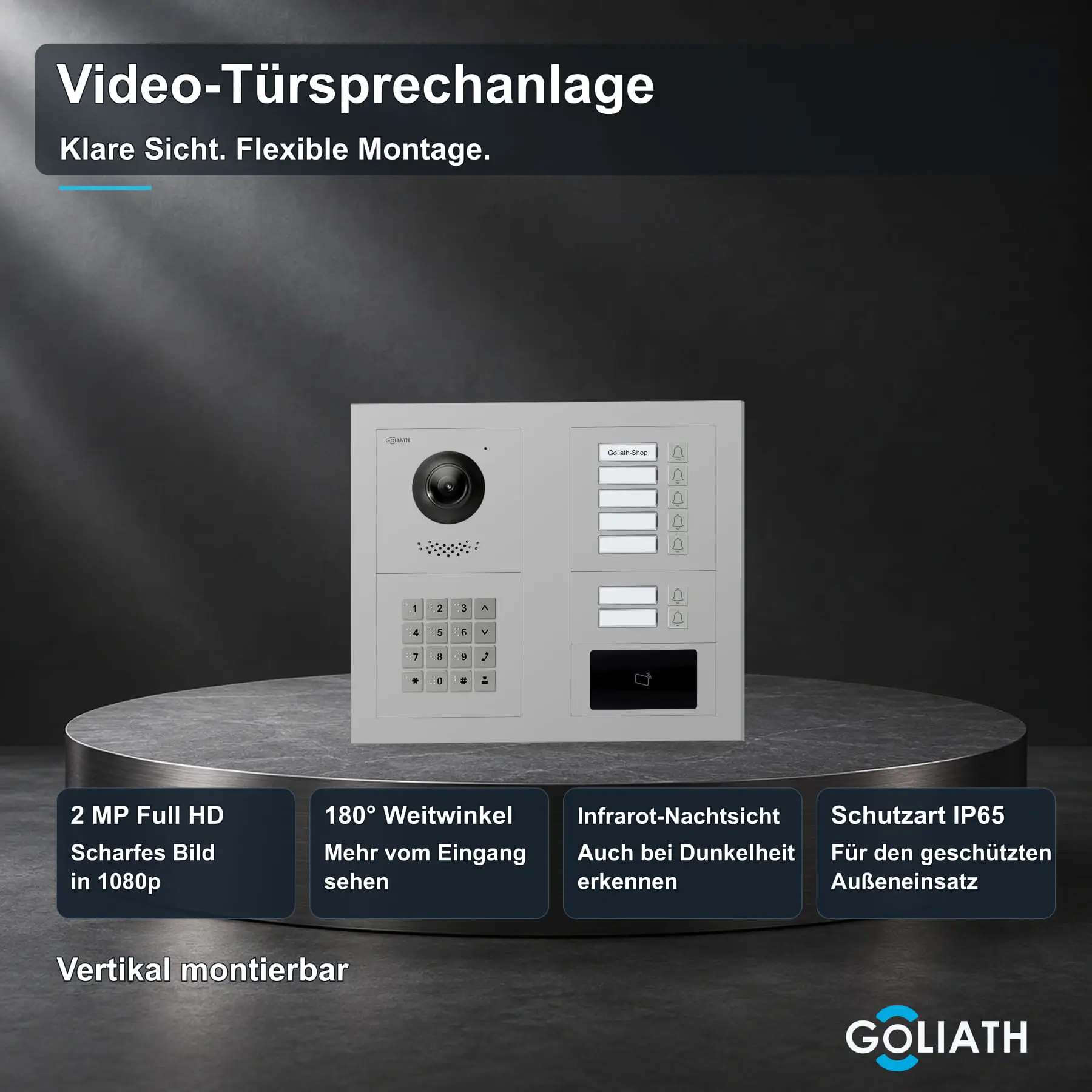 Goliath Premium-Line-Außenstation in Silber mit Kamera, 7 Klingeltasten, Zahlencode-Tastatur und RFID-Leser. Zwei aufrechte Modulspalten nebeneinander auf Naturstein.