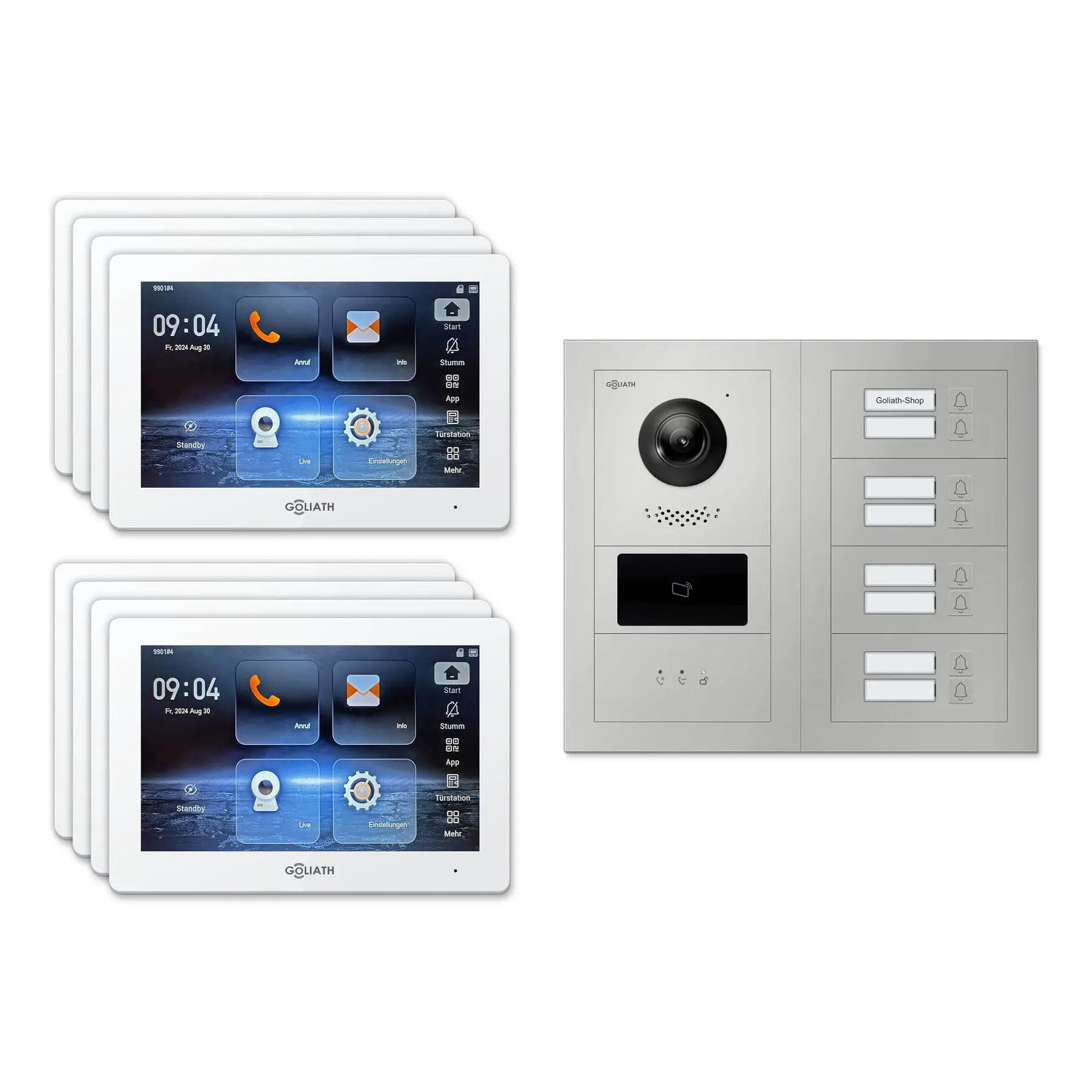 Goliath Video Türsprechanlage GL-IPH815 für 8-Familienhaus: 8 Monitore mit 7 Zoll in Weiß, Außenstation in Silber mit 8 Klingeltasten sowie Statusanzeige, RFID. Set für Unterputzmontage.