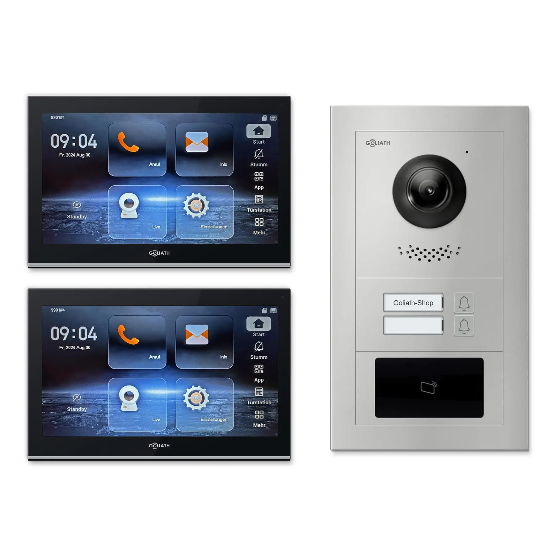Goliath Video Türsprechanlage GL-IPH210.6 für 2-Familienhaus: 2 Monitore mit 10 Zoll in Schwarz, Außenstation in Silber mit 2 Klingeltasten sowie RFID. Set für Aufputzmontage.