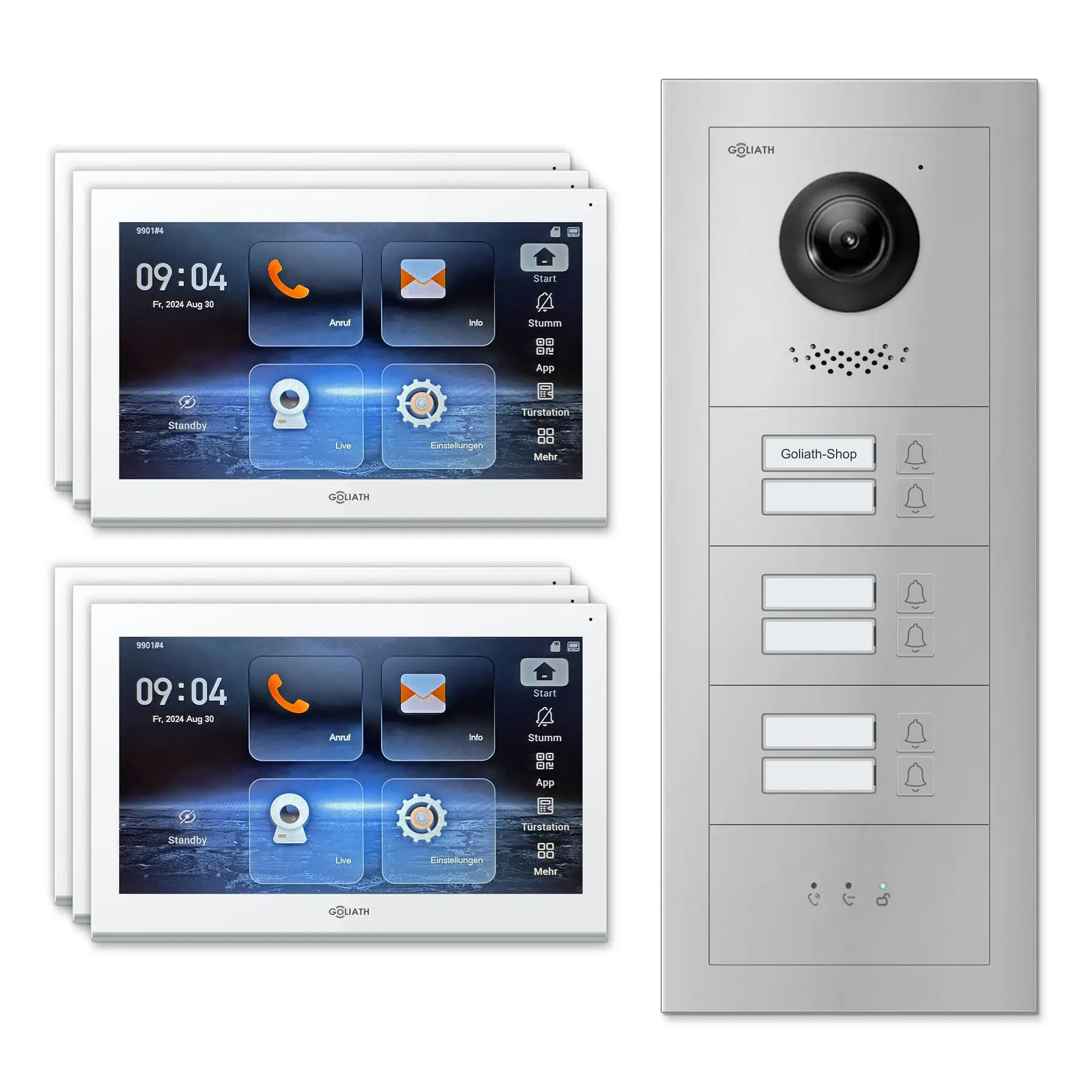 Goliath Video Türsprechanlage GL-IPH600 für 6-Familienhaus: 6 Monitore mit 10 Zoll in Weiß, Außenstation in Silber mit 6 Klingeltasten sowie Statusanzeige. Set für Unterputzmontage.