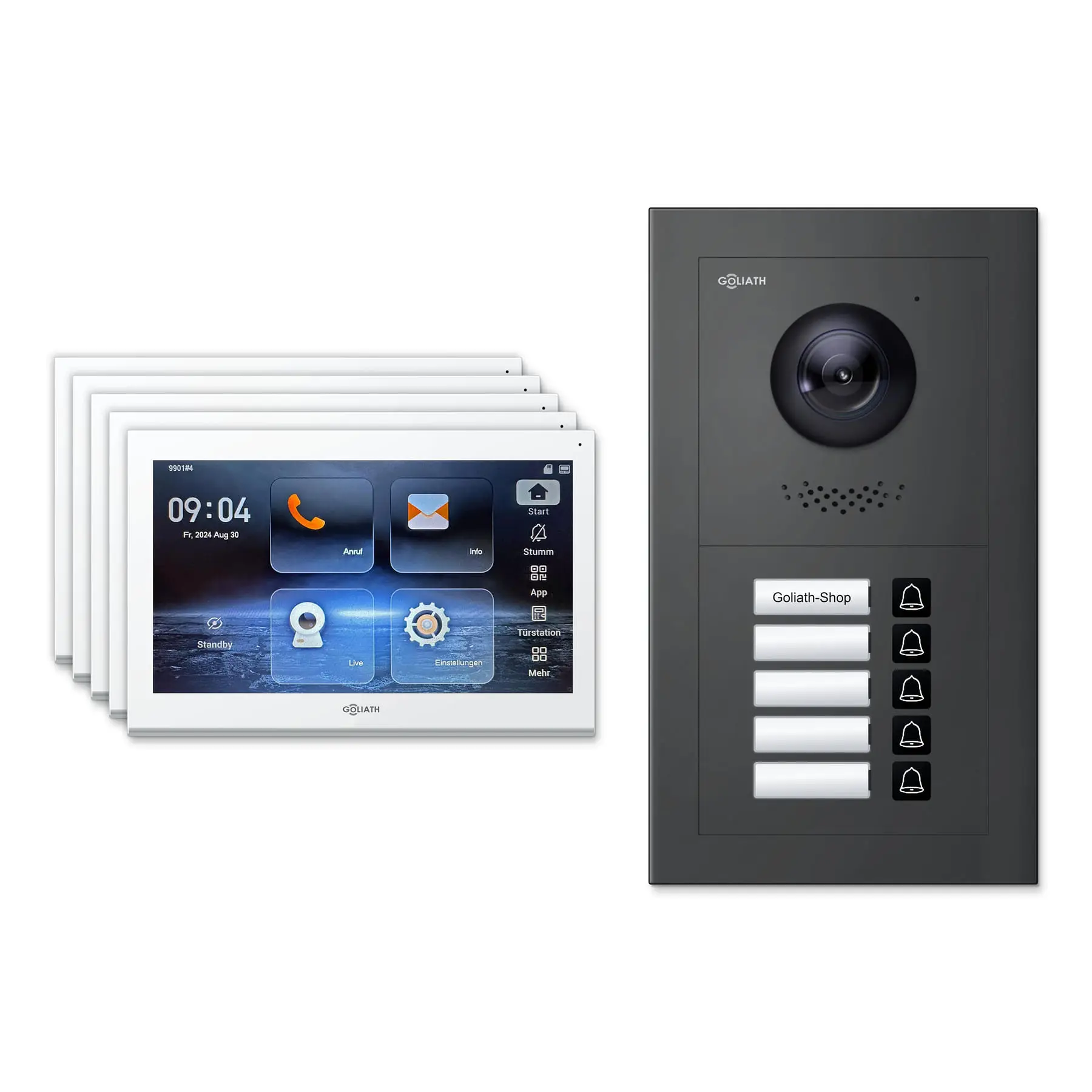 Goliath Video Türsprechanlage GL-IPH500A.1 für 5-Familienhaus: 5 Monitore mit 10 Zoll in Weiß, Außenstation in Anthrazit mit 5 Klingeltasten. Set für Aufputzmontage.
