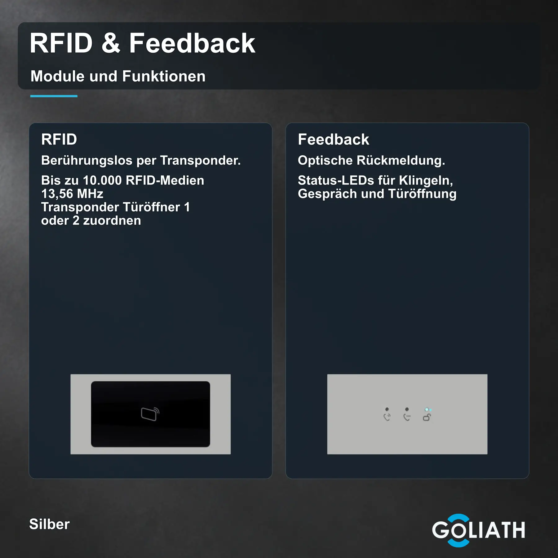 RFID-Leser und Feedback-Anzeige für die Goliath Türsprechanlage in Silber: berührungslose Türöffnung per Transponder und optische Rückmeldung zu Klingeln, Gespräch und Türöffnung.