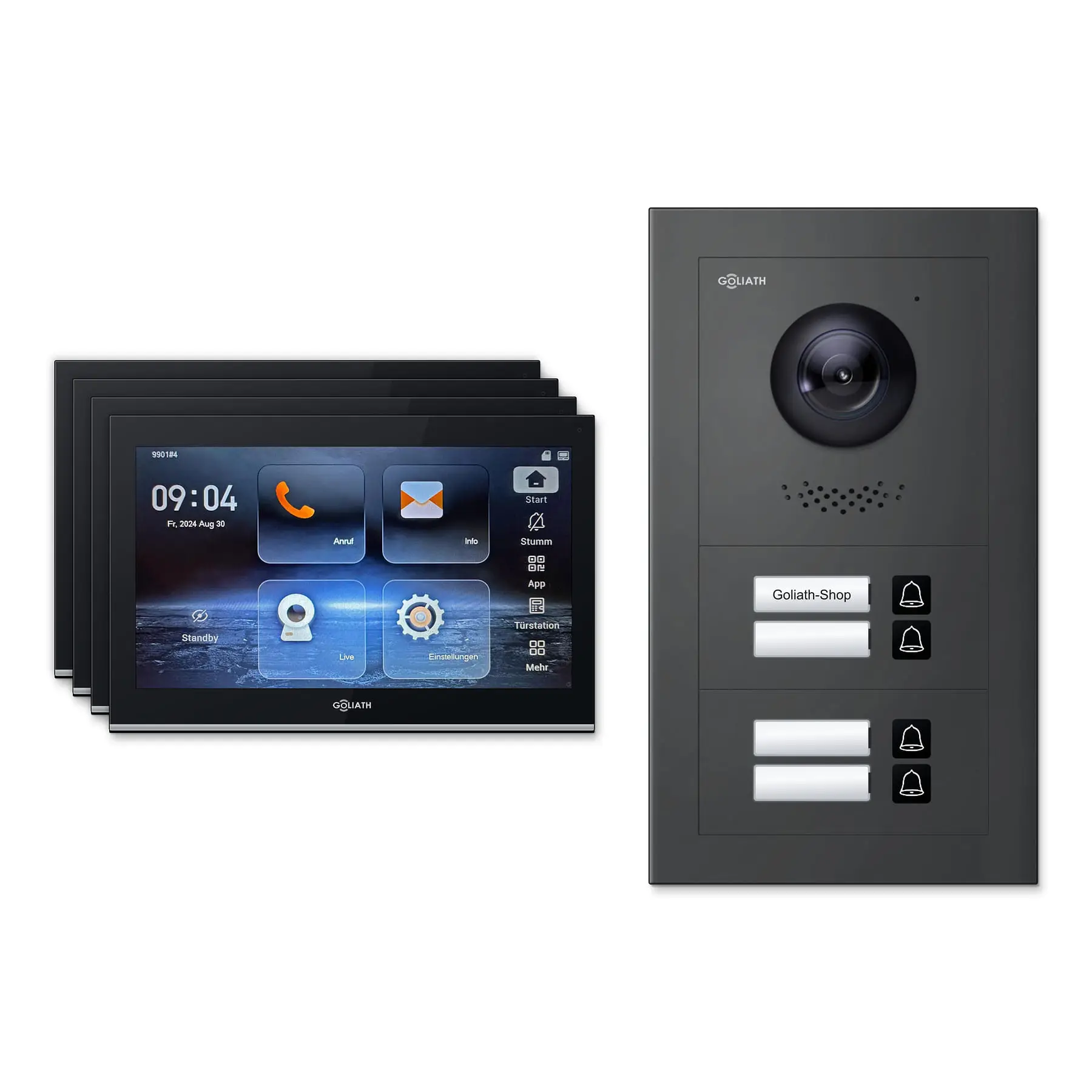 Goliath Video Türsprechanlage GL-IPH400A.2 für 4-Familienhaus: 4 Monitore mit 10 Zoll in Schwarz, Außenstation in Anthrazit mit 4 Klingeltasten. Set für Unterputzmontage.