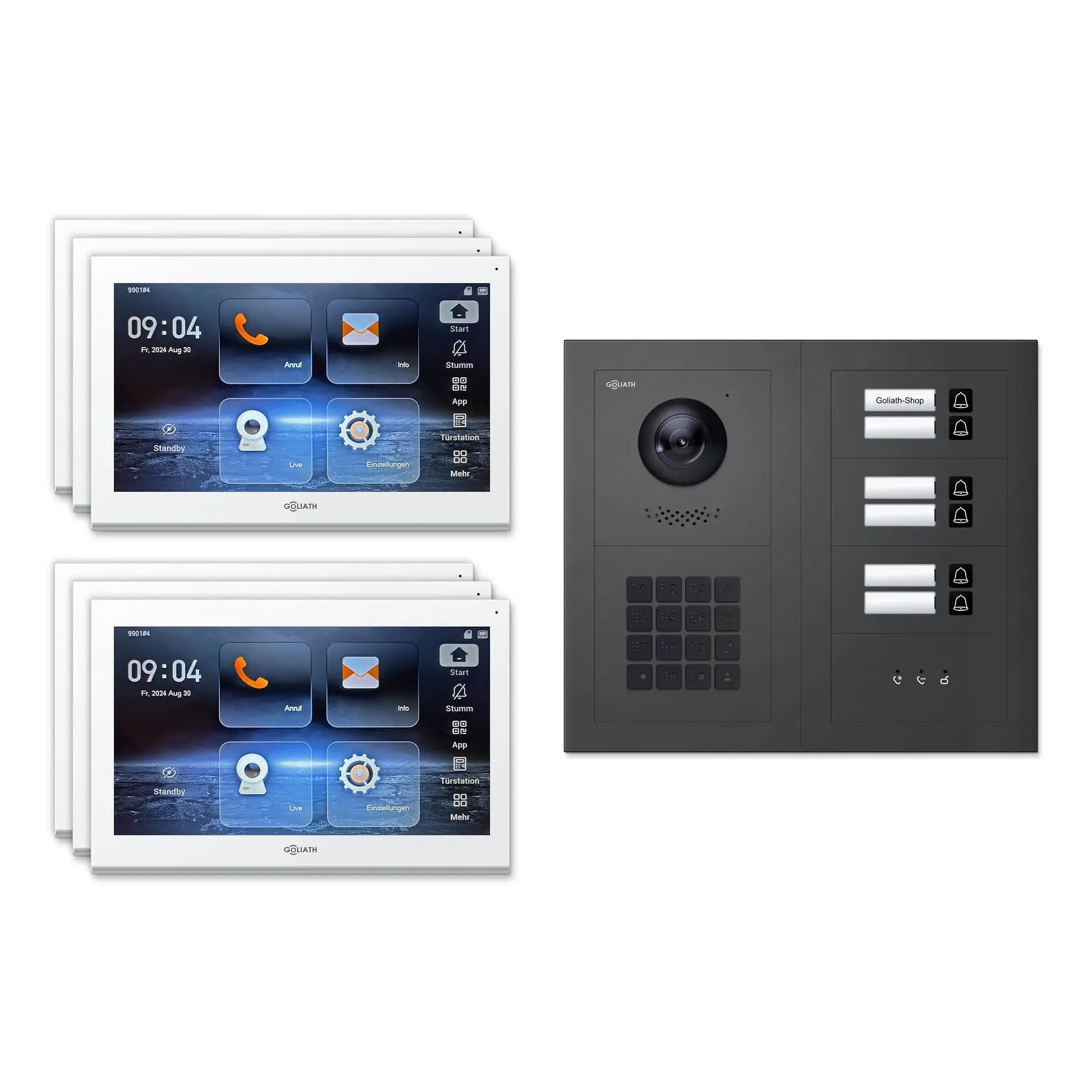 Goliath Video Türsprechanlage GL-IPH630A für 6-Familienhaus: 6 Monitore mit 10 Zoll in Weiß, Außenstation in Anthrazit mit 6 Klingeltasten sowie Statusanzeige, Zahlencode. Set für Unterputzmontage.