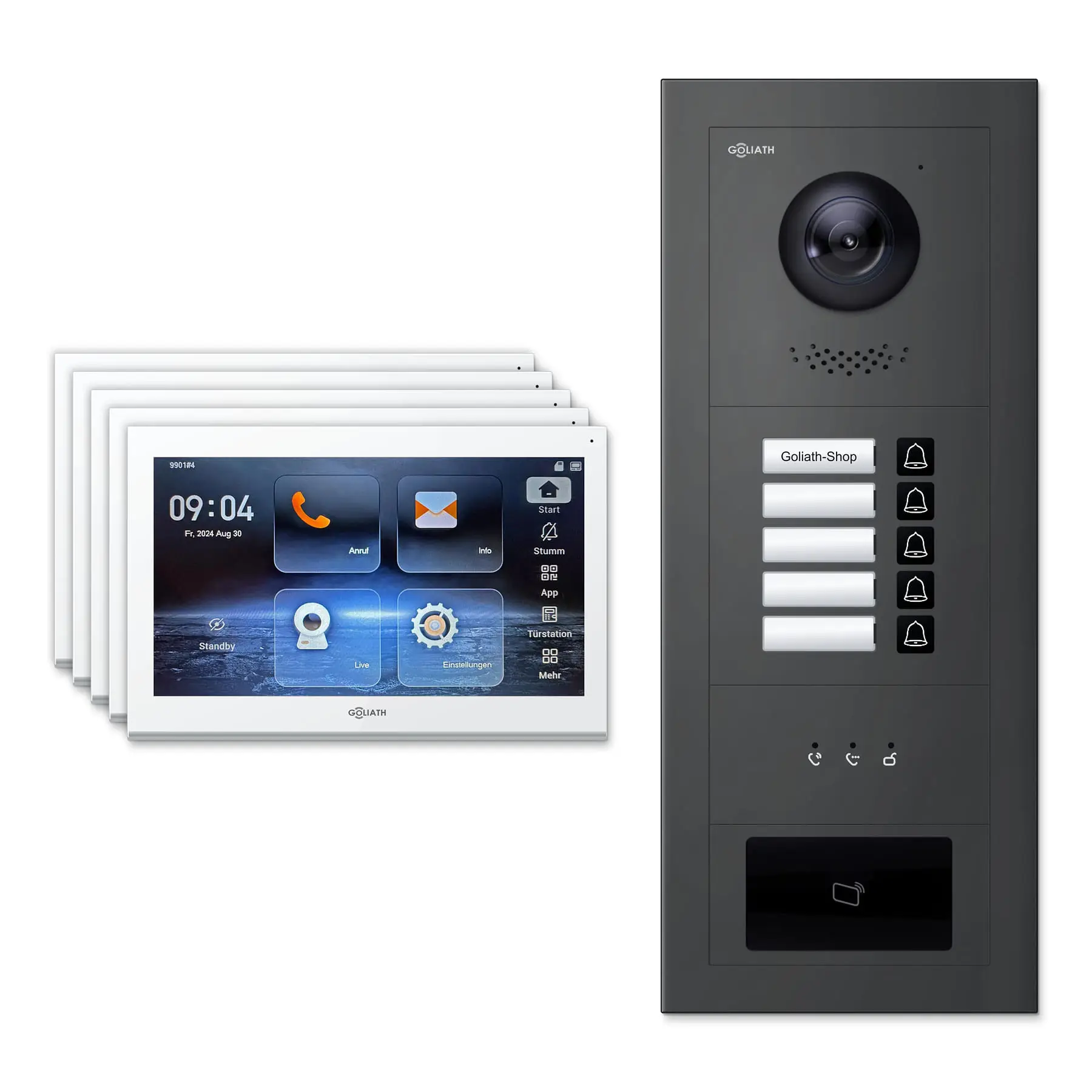 Goliath Video Türsprechanlage GL-IPH510A.1 für 5-Familienhaus: 5 Monitore mit 10 Zoll in Weiß, Außenstation in Anthrazit mit 5 Klingeltasten sowie Statusanzeige, RFID. Set für Aufputzmontage.
