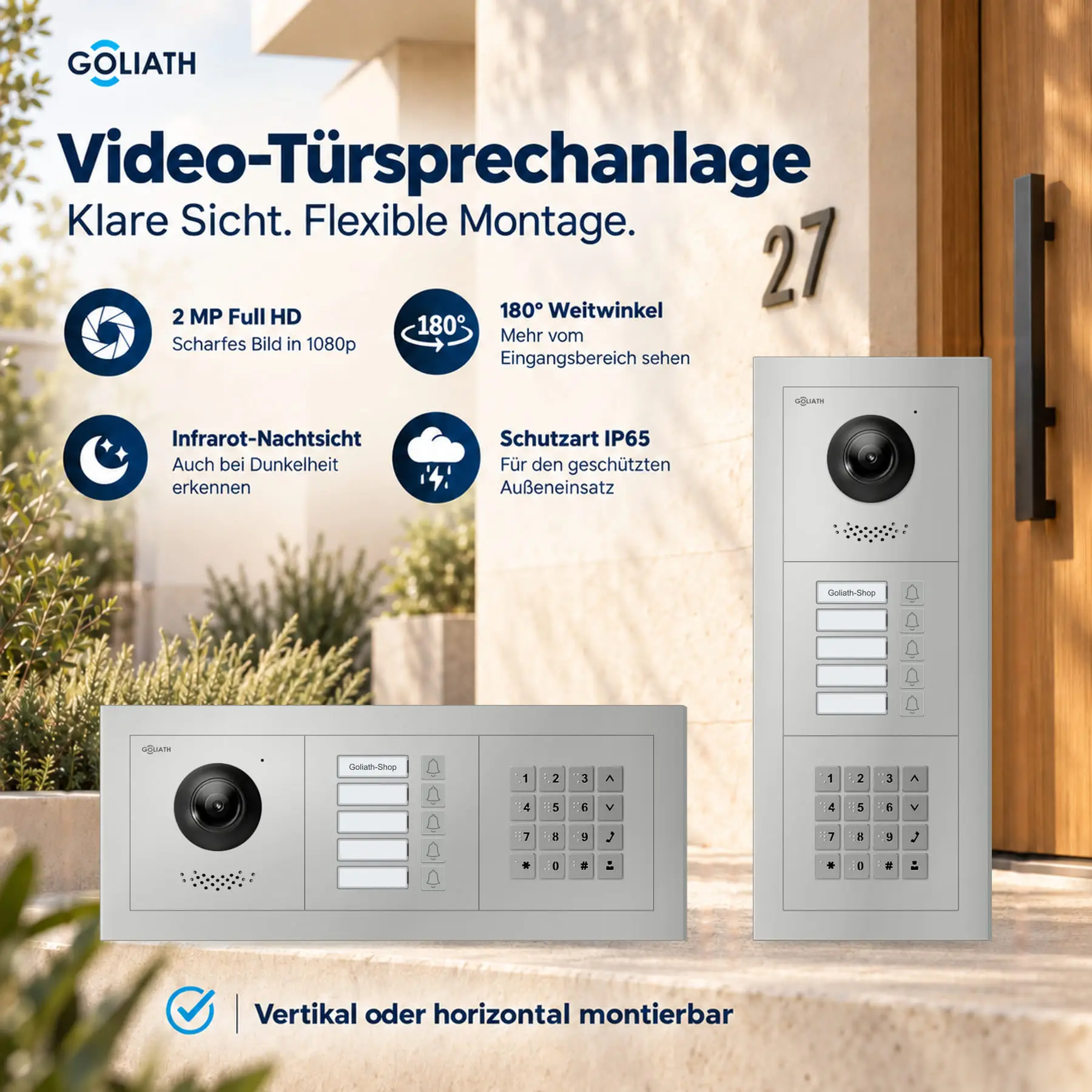 Goliath Premium-Line-Außenstation in Silber mit Kamera, 5 Klingeltasten und Zahlencode-Tastatur. Senkrechte und waagerechte Anordnung auf Naturstein.